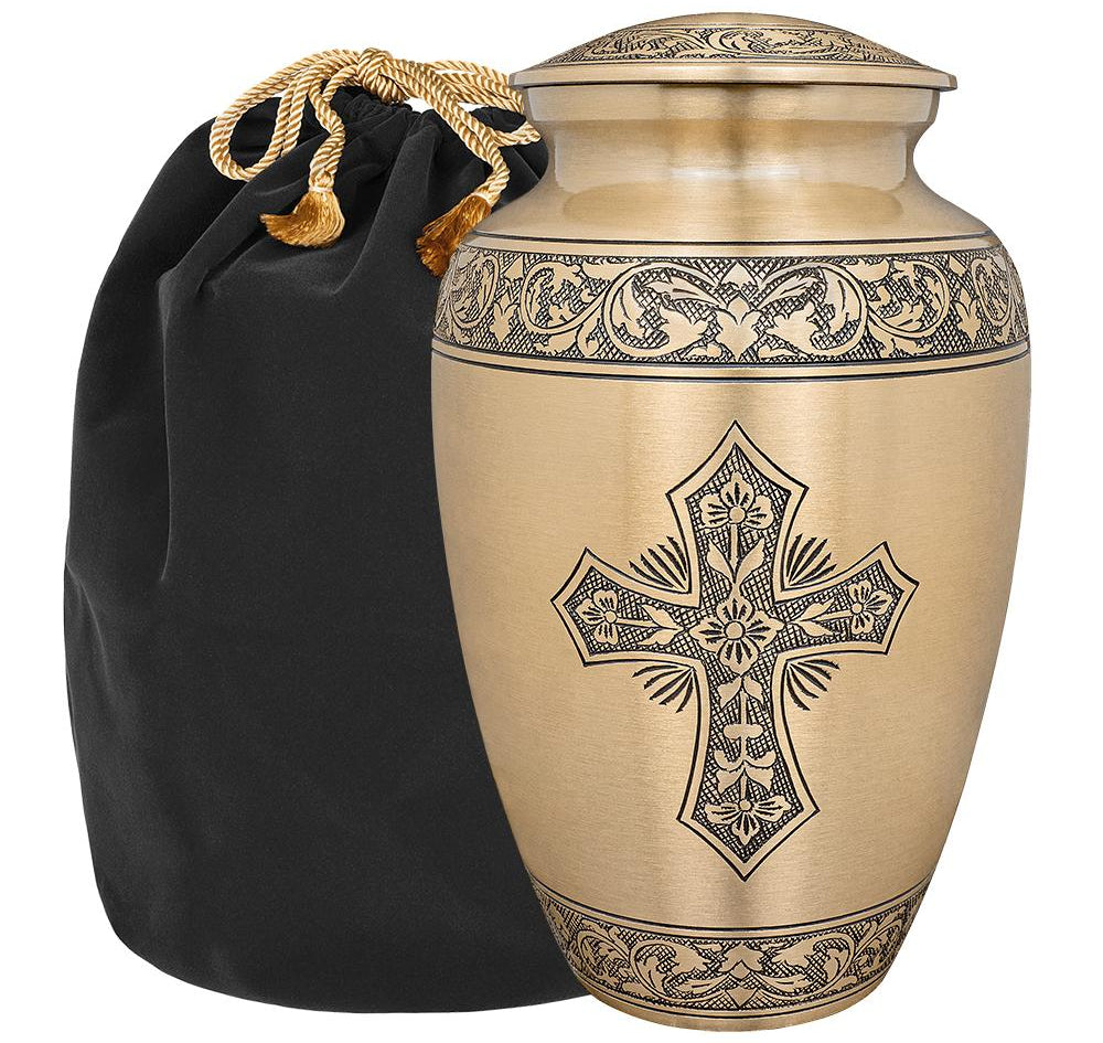 Bronze Cross Lovely Adult Cremation Urn for Human Ashes - with Velvet Bag