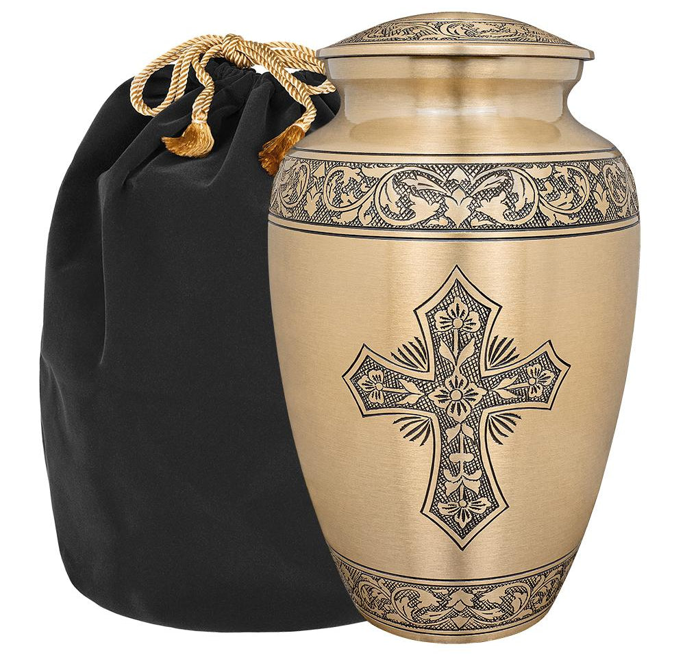 Bronze Cross Lovely Adult Cremation Urn for Human Ashes - with Velvet Bag