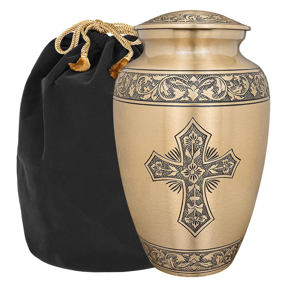 Bronze Cross Lovely Adult Cremation Urn for Human Ashes - with Velvet Bag