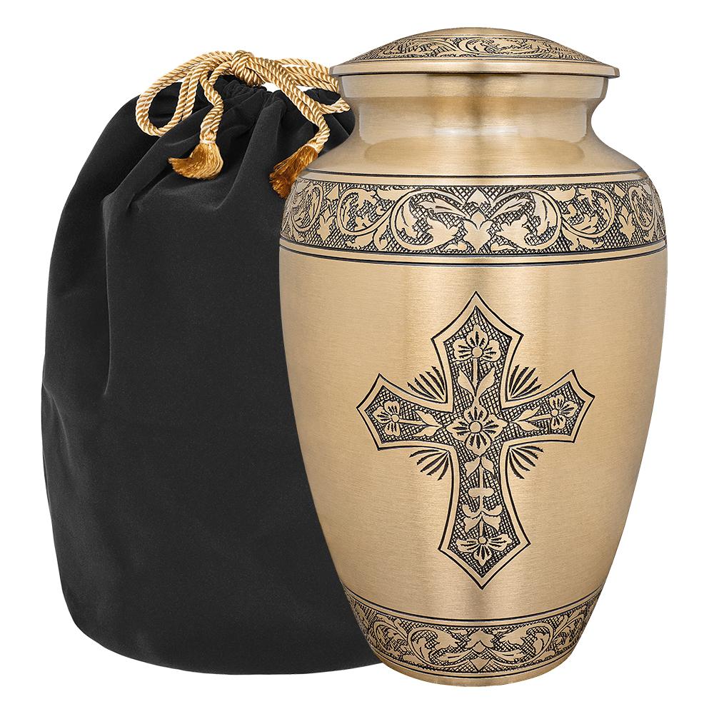 Bronze Cross Lovely Adult Cremation Urn for Human Ashes - with Velvet Bag
