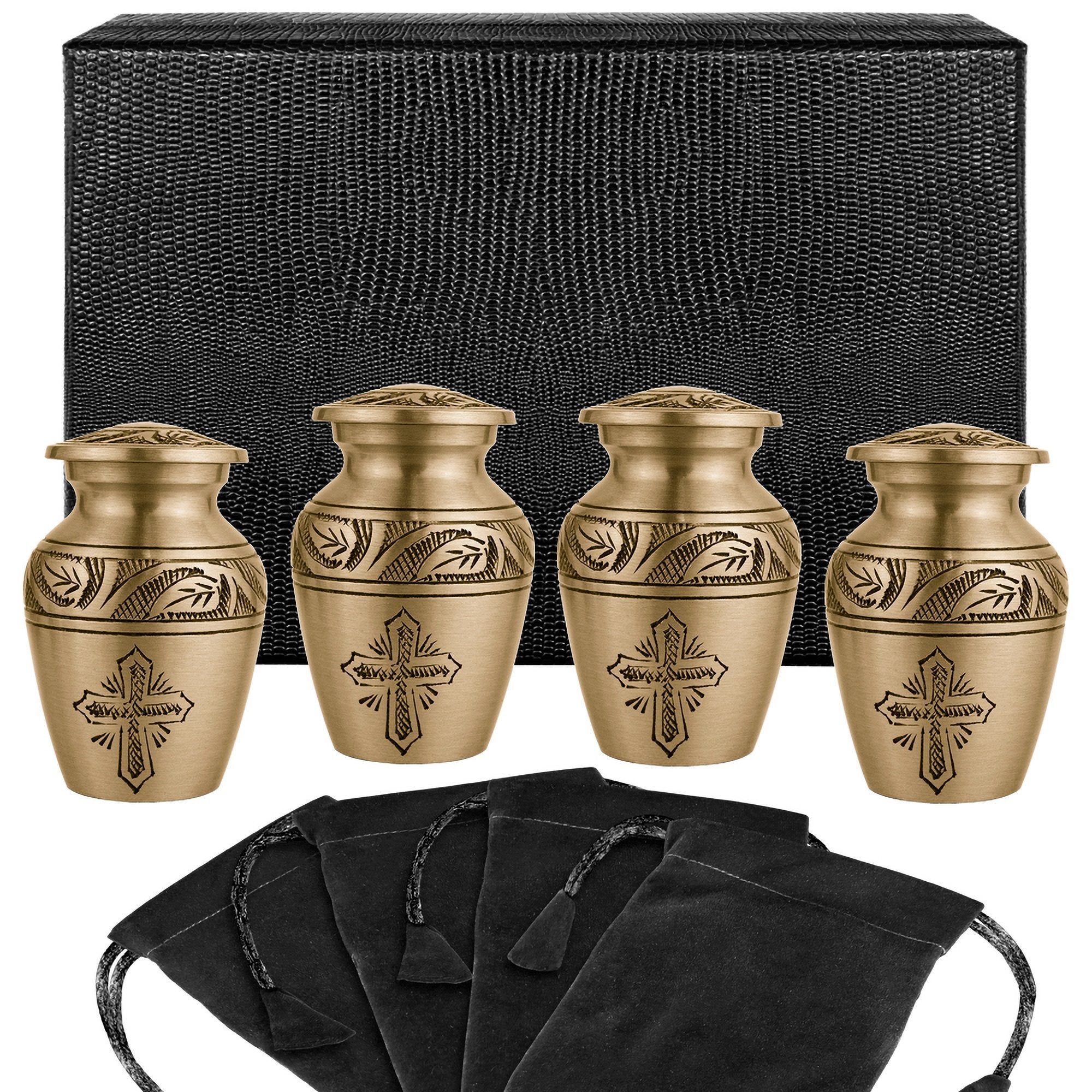 Bronze Cross Lovely Small Keepsake Urns for Human Ashes - Set of 4 - w Case