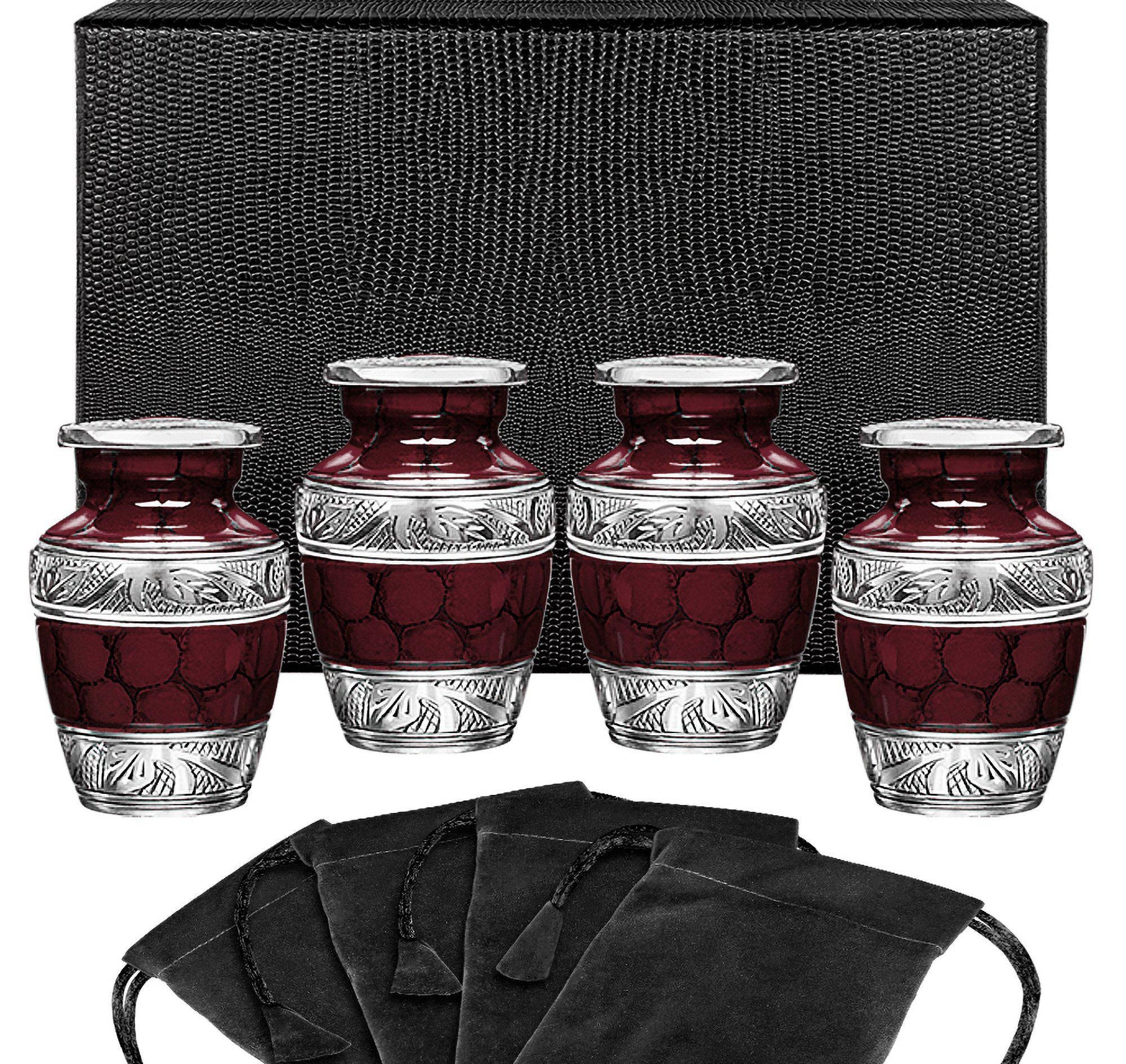 Celebration of Life Red Small Keepsake Urns for Human Ashes - Set of 4 - w Case