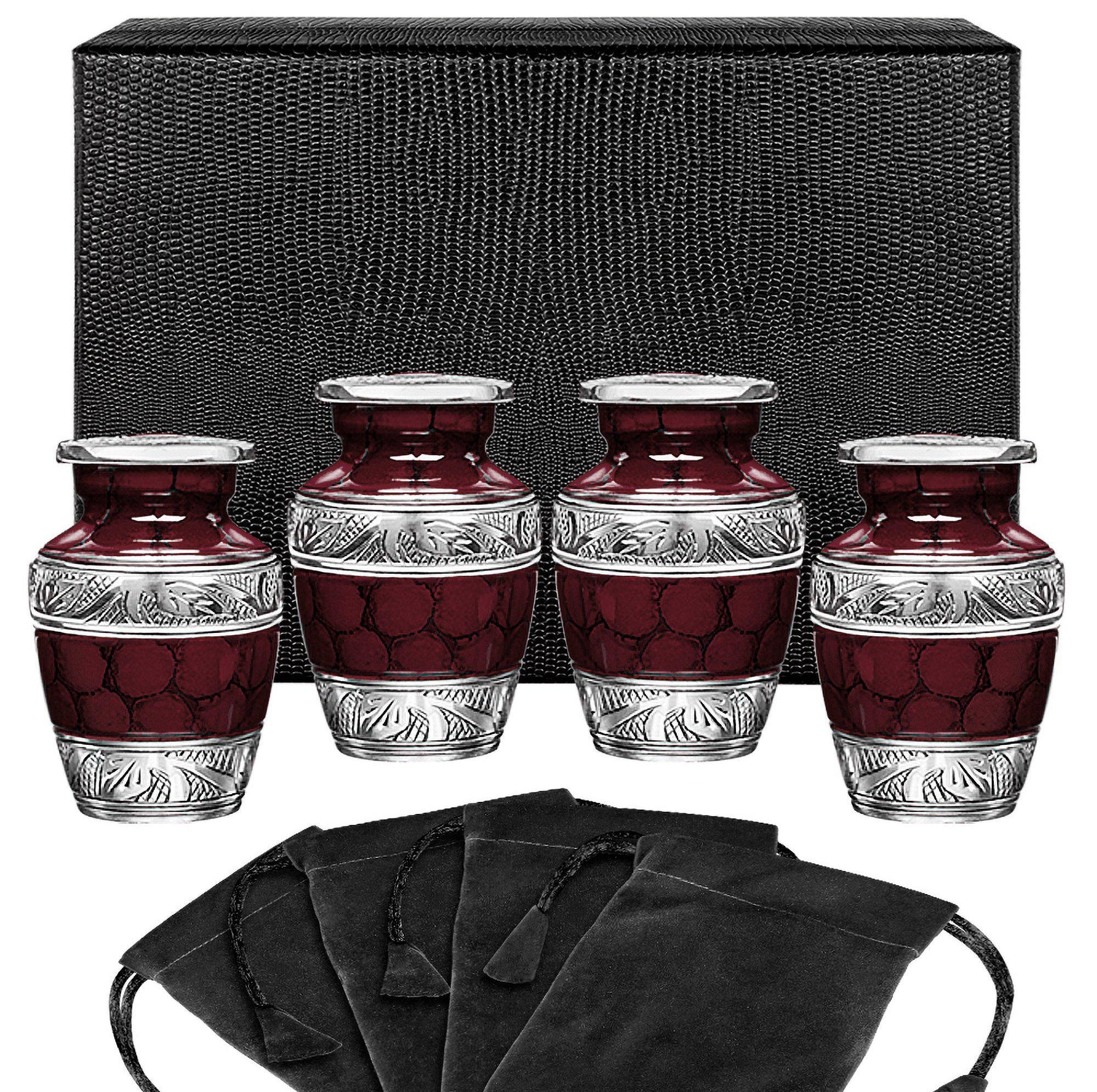 Celebration of Life Red Small Keepsake Urns for Human Ashes - Set of 4 - w Case