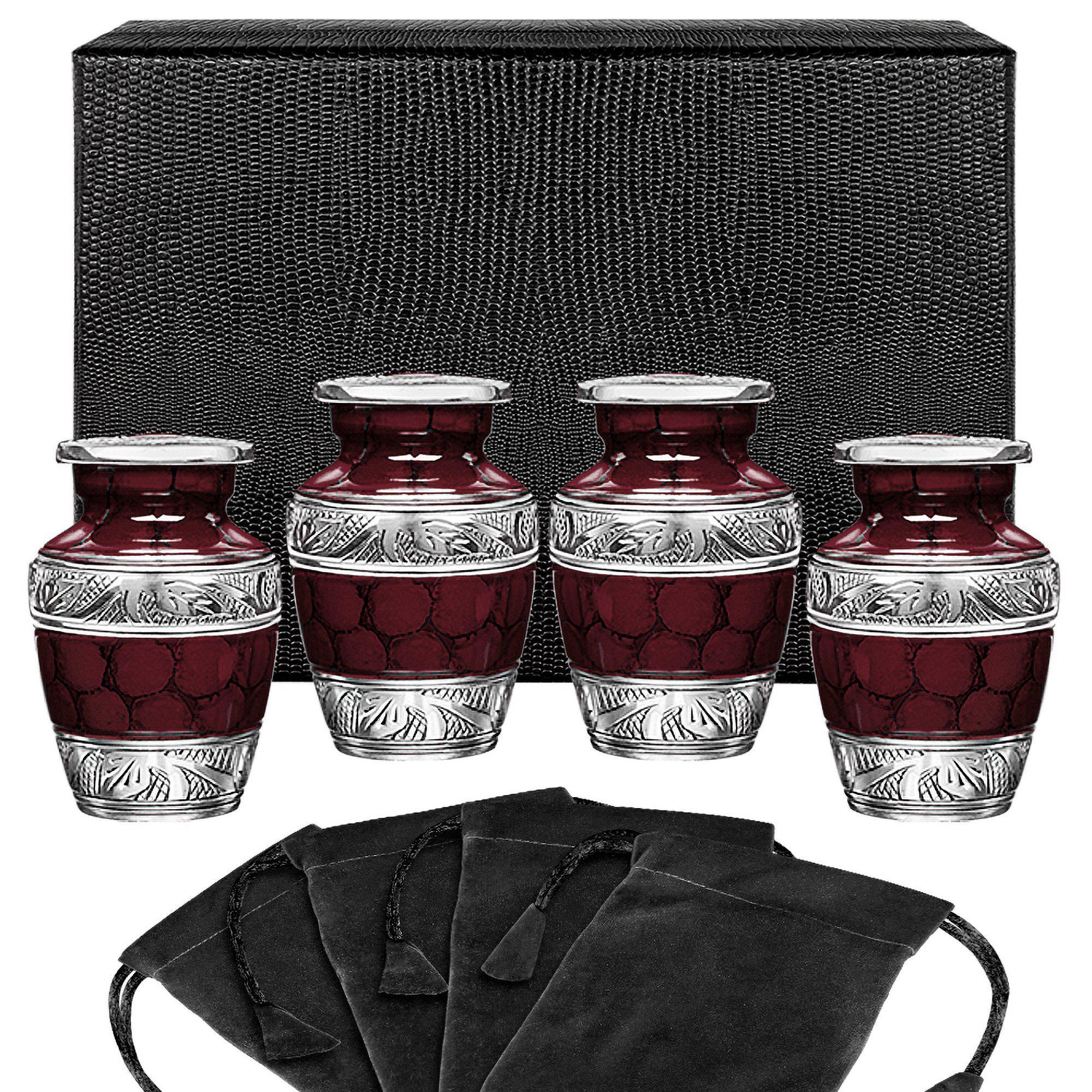 Celebration of Life Red Small Keepsake Urns for Human Ashes - Set of 4 - w Case