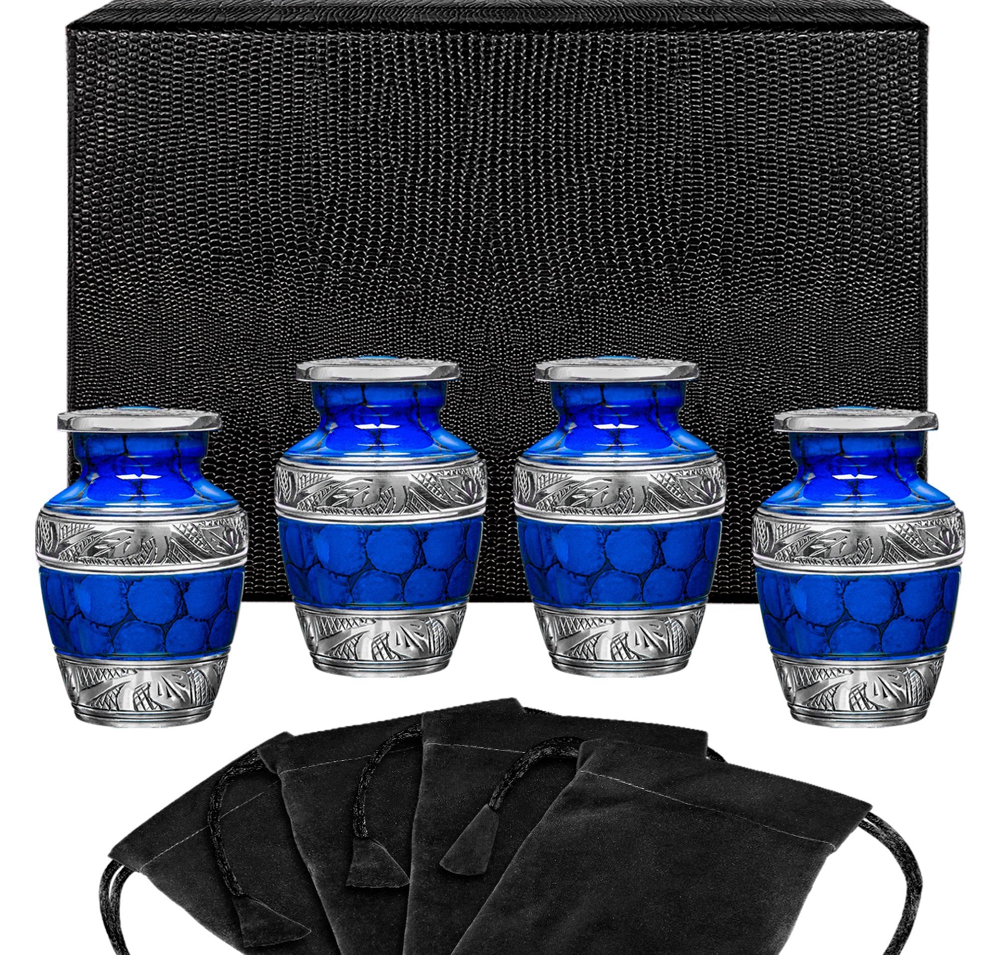 Forever Remembered Blue Small Keepsake Urn for Human Ashes - Set of 4 - w Case