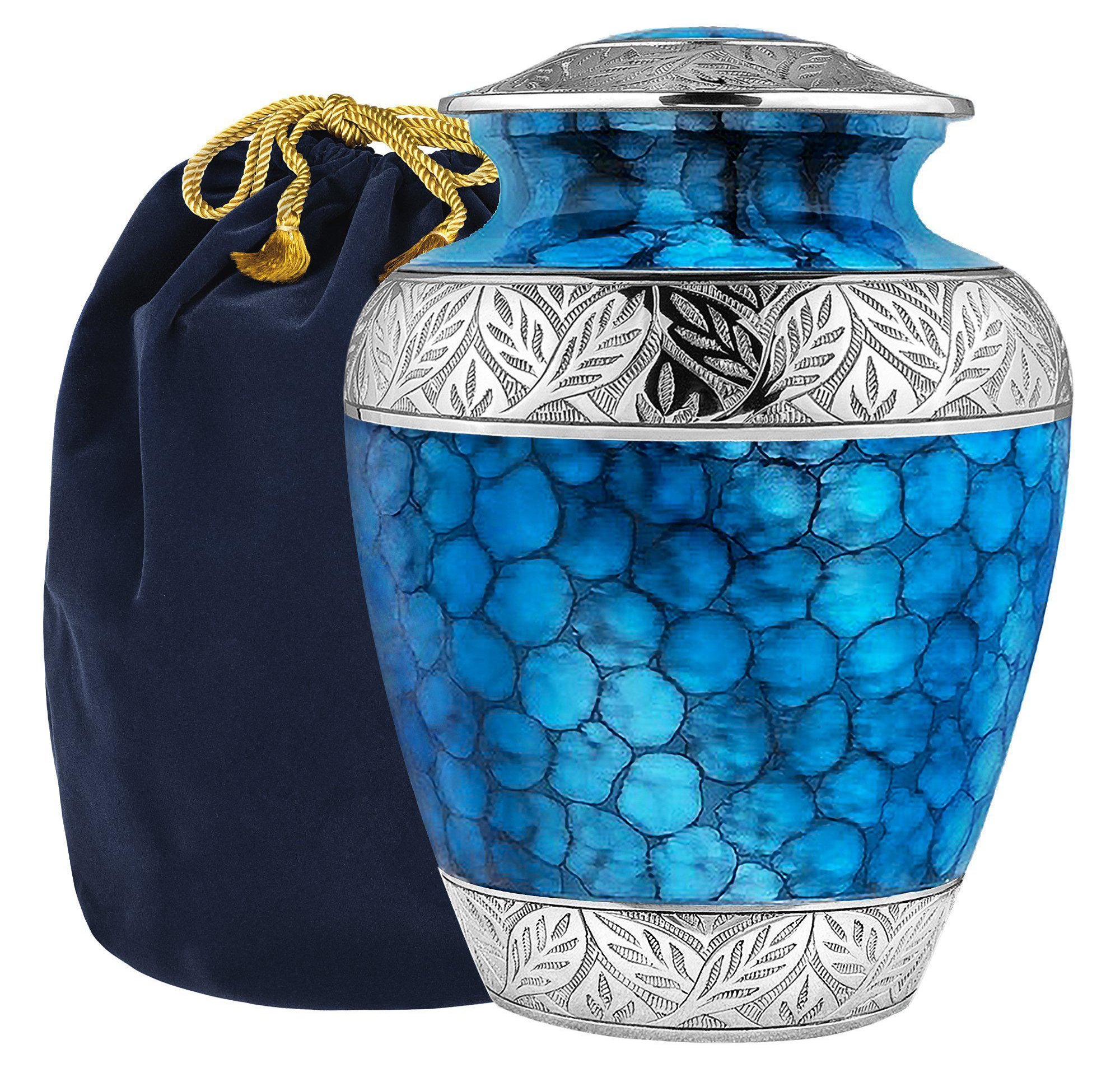 Forever Remembered Classic Blue Adult Urn for Human Ashes - with Velvet Bag