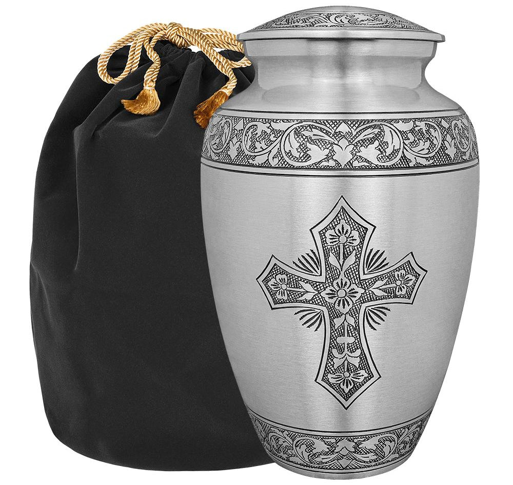 Grace and Mercy Pewter Cross Adult Cremation Urn for Human Ashes - w Bag