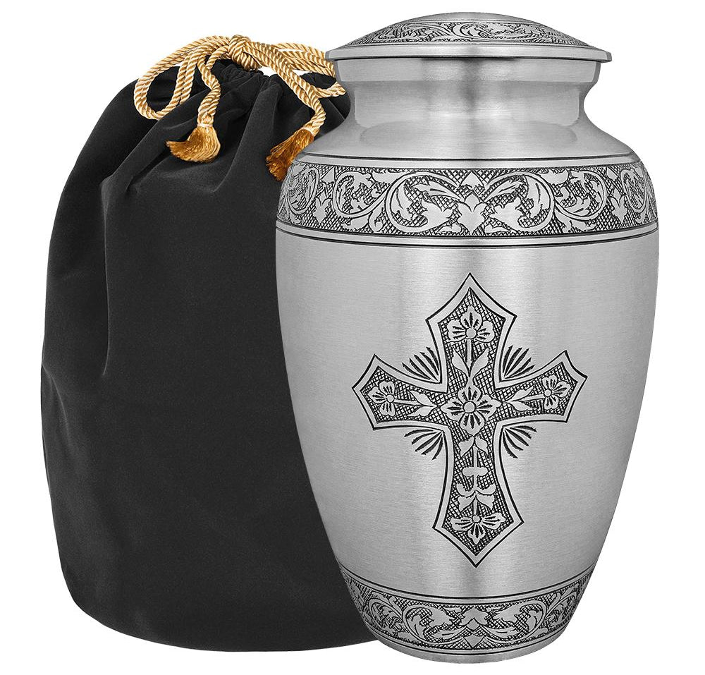 Grace and Mercy Pewter Cross Adult Cremation Urn for Human Ashes - w Bag