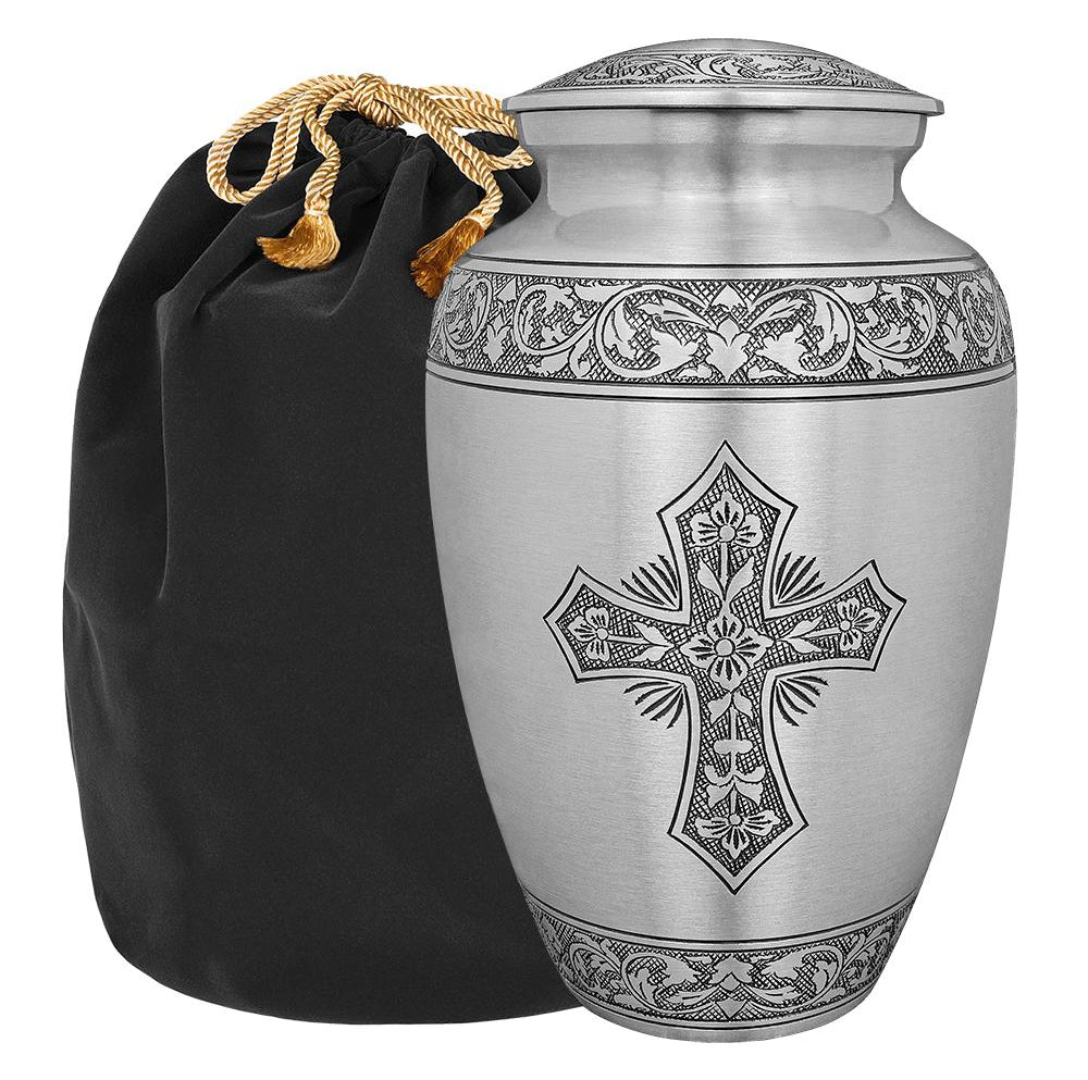 Grace and Mercy Pewter Cross Adult Cremation Urn for Human Ashes - w Bag