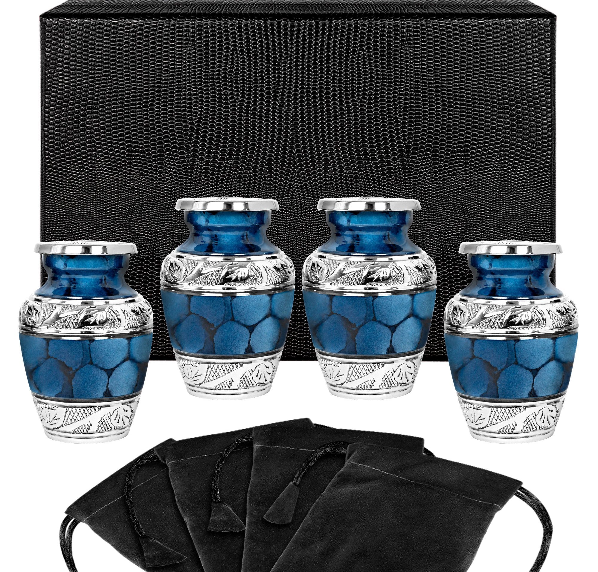 Heavenly Peace Dark Blue Small Keepsake Urn for Human Ashes - Set of 4 - w Case