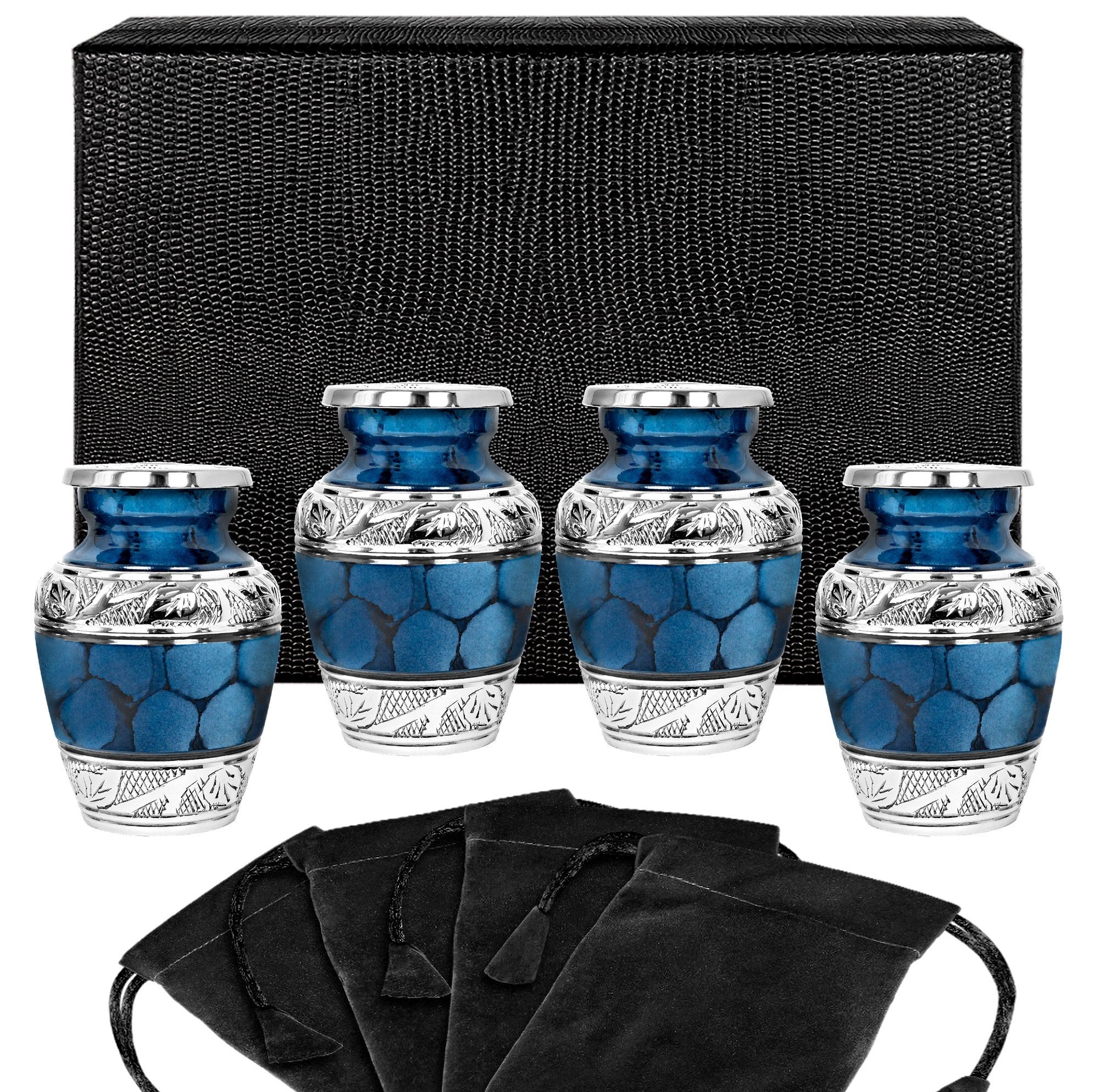 Heavenly Peace Dark Blue Small Keepsake Urn for Human Ashes - Set of 4 - w Case