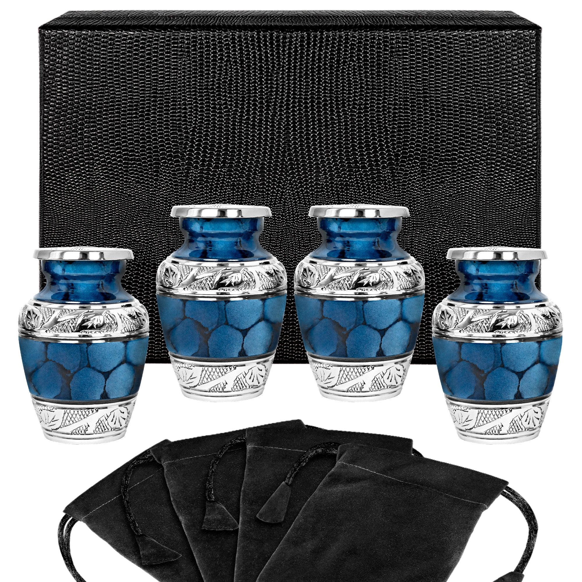 Heavenly Peace Dark Blue Small Keepsake Urn for Human Ashes - Set of 4 - w Case