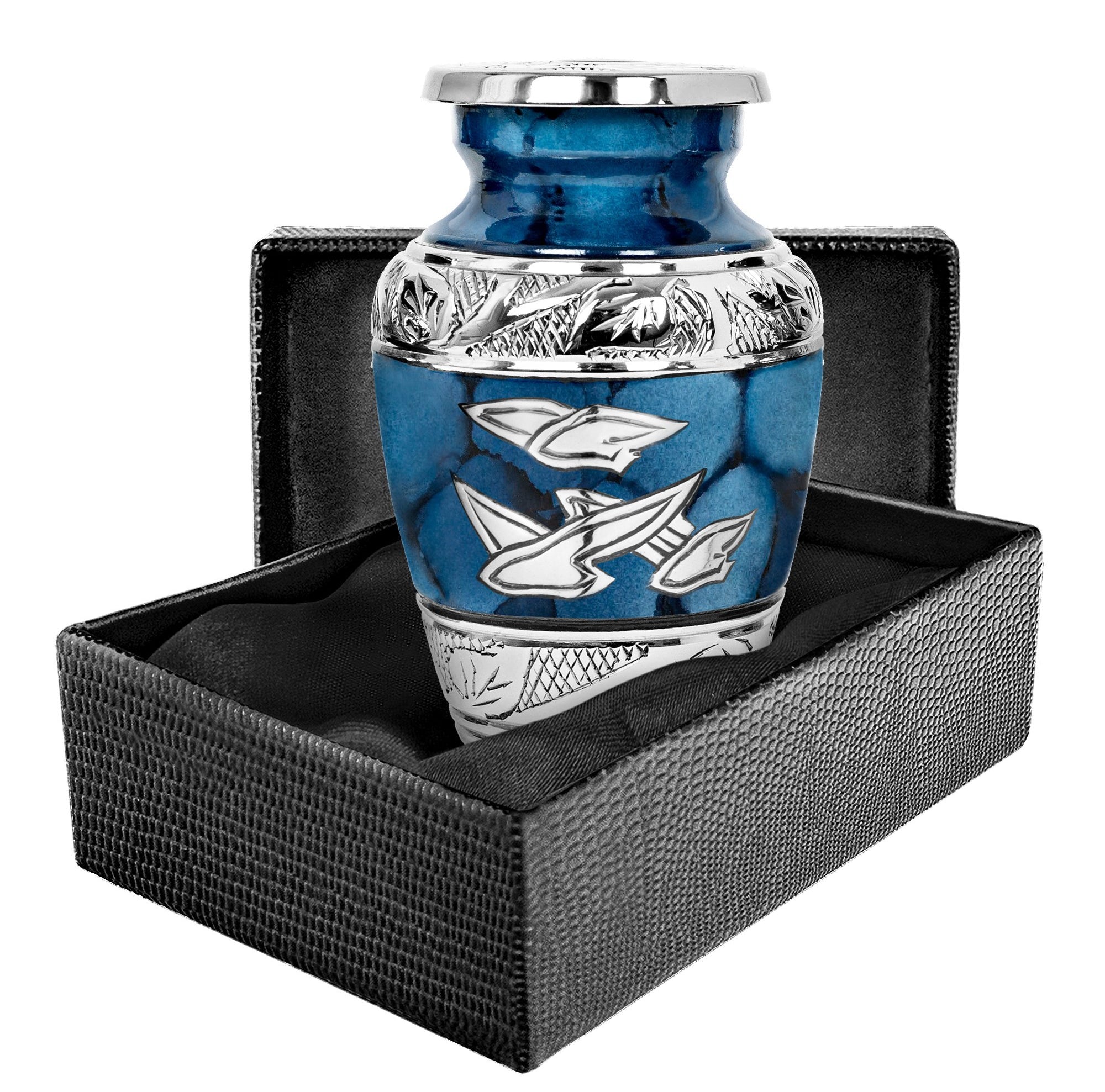 Heavenly Peace Dark Blue Wings Small Keepsake Urn for Human Ashes - Qnty 1 - w Case