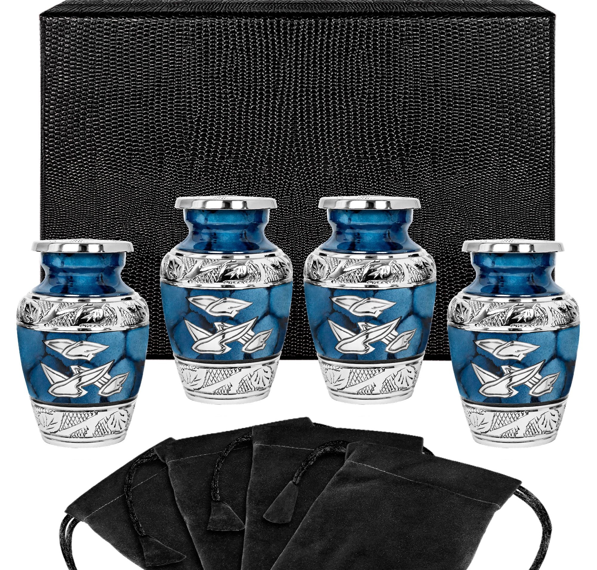 Heavenly Peace Dark Blue Wings Small Keepsake Urn for Human Ashes - Set of 4 - w Case