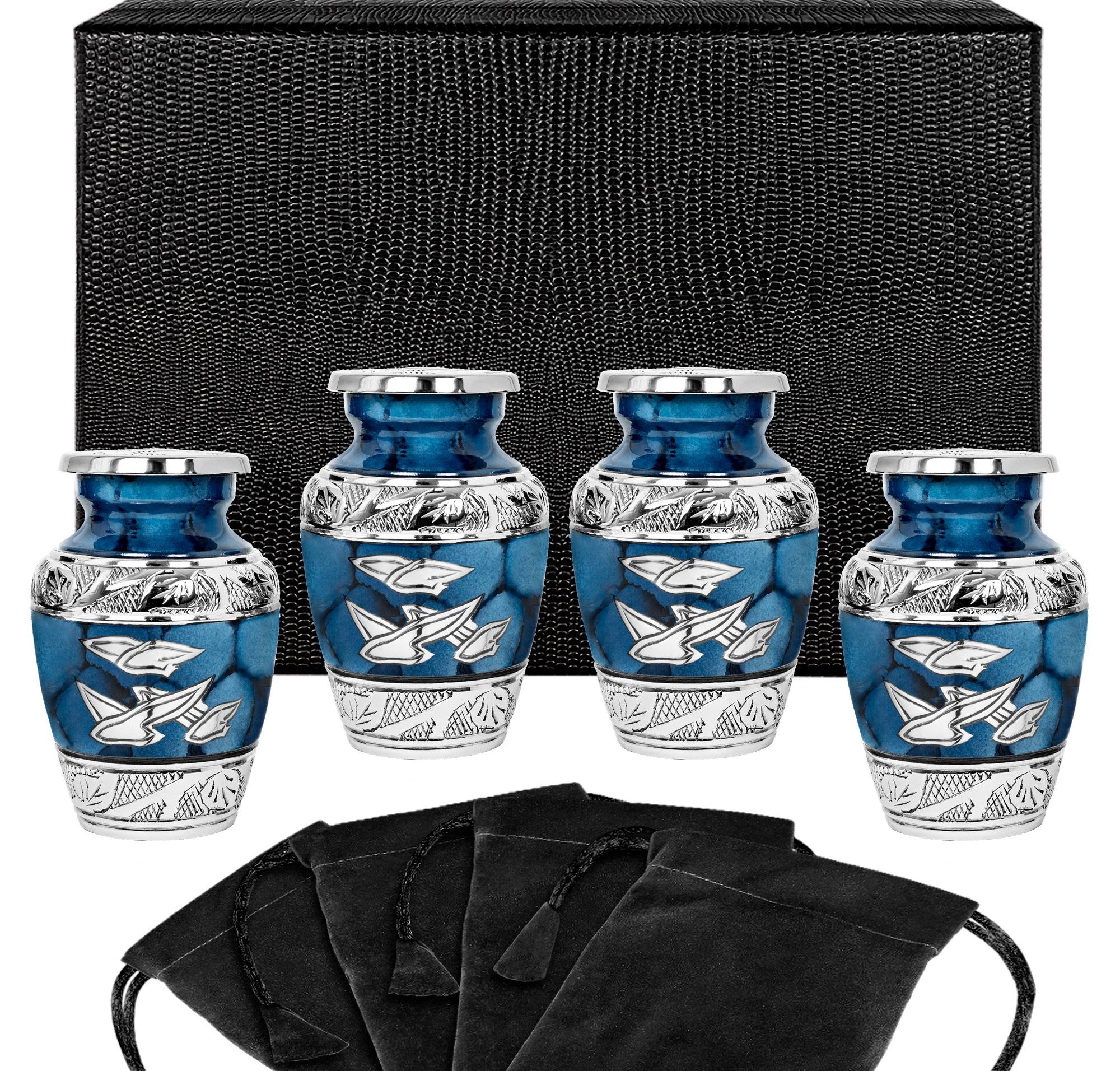 Heavenly Peace Dark Blue Wings Small Keepsake Urn for Human Ashes - Set of 4 - w Case