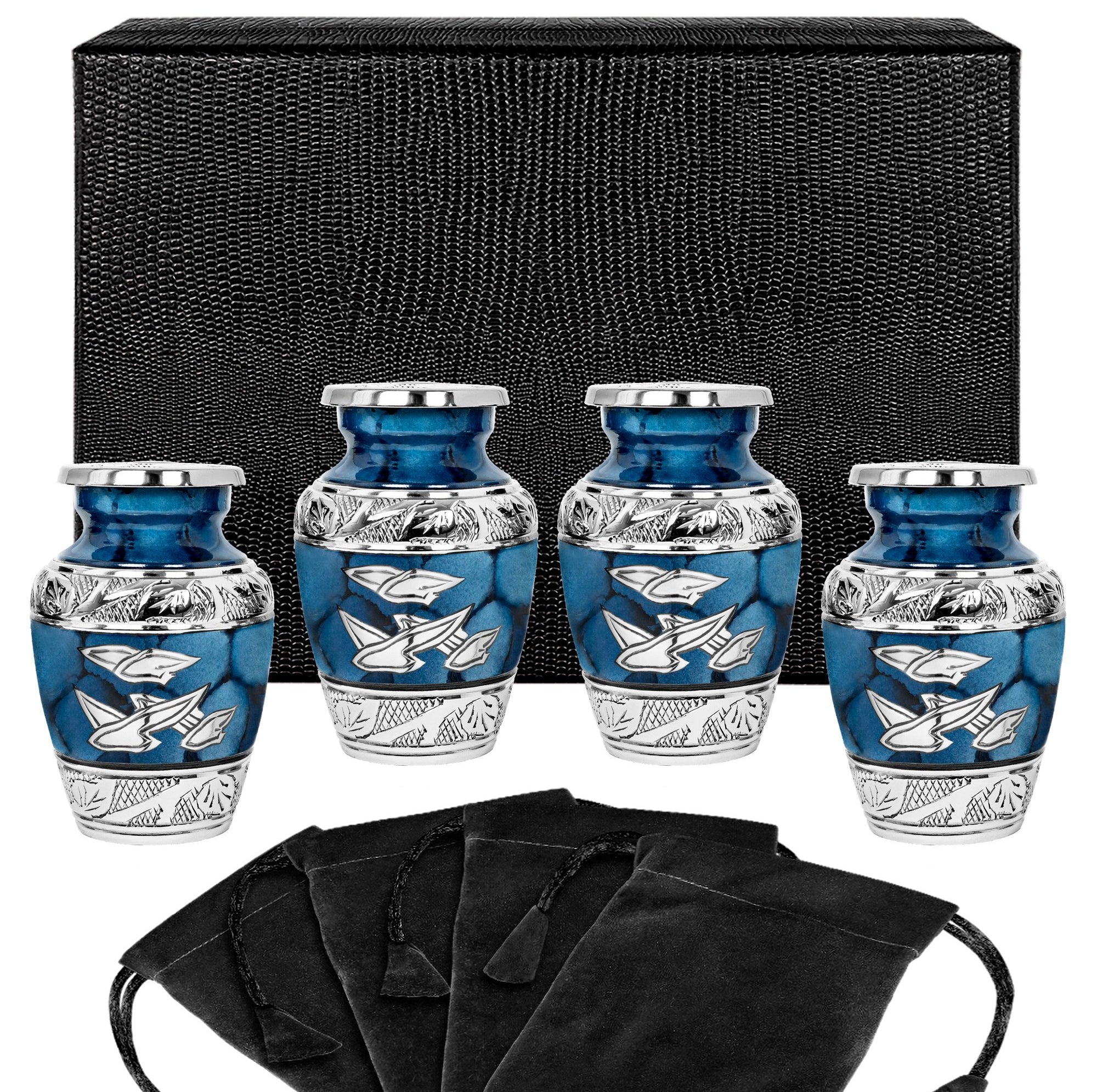 Heavenly Peace Dark Blue Wings Small Keepsake Urn for Human Ashes - Set of 4 - w Case