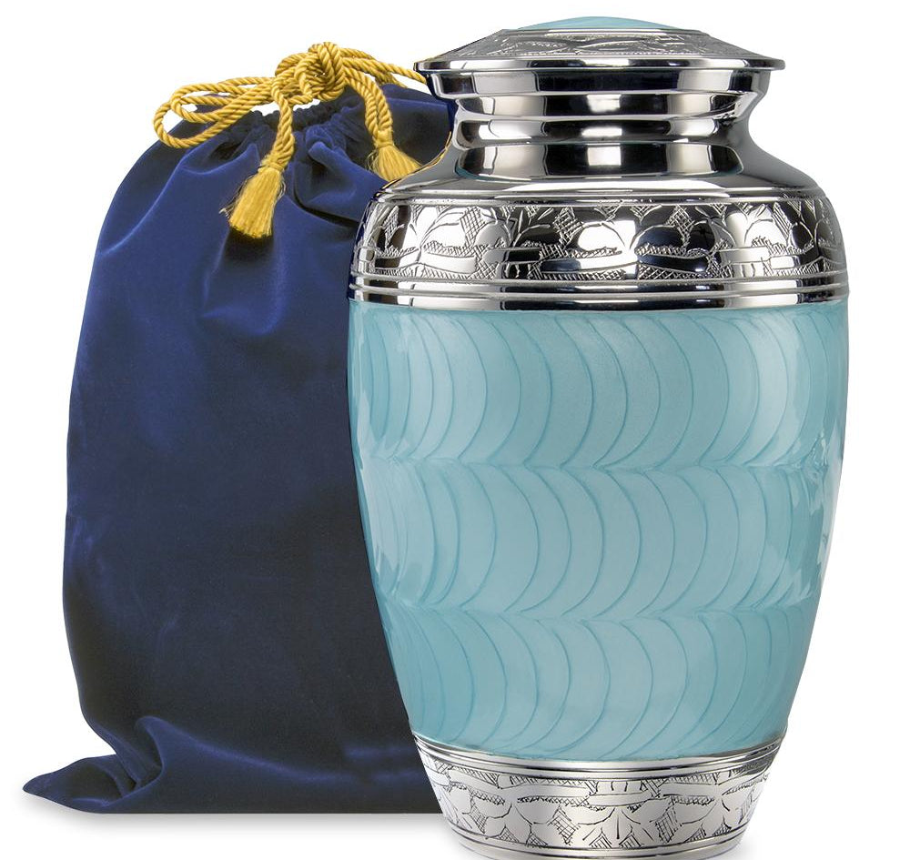 Hugs and Kisses Elegant Light Blue Adult Urn for Human Ashes - w Velvet Bag