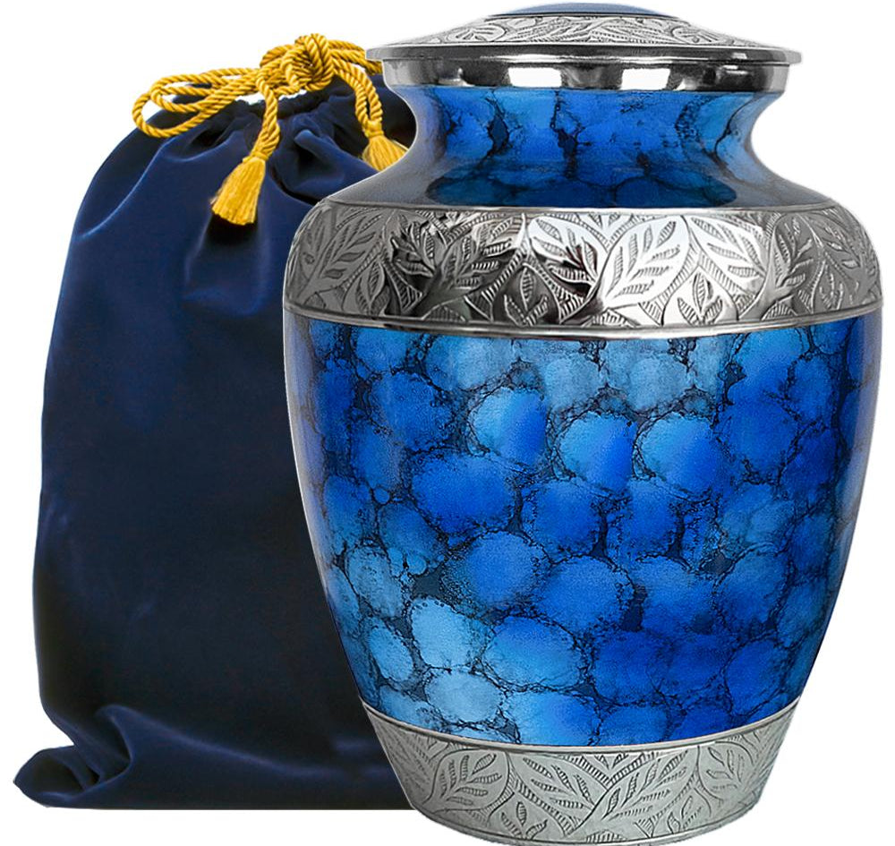 Majestic Extra Large Blue Urn for Human Ashes for Human Up to 300 Pounds - With Velvet Bag