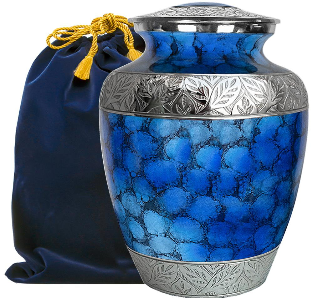 Majestic Extra Large Blue Urn for Human Ashes for Human Up to 300 Pounds - With Velvet Bag