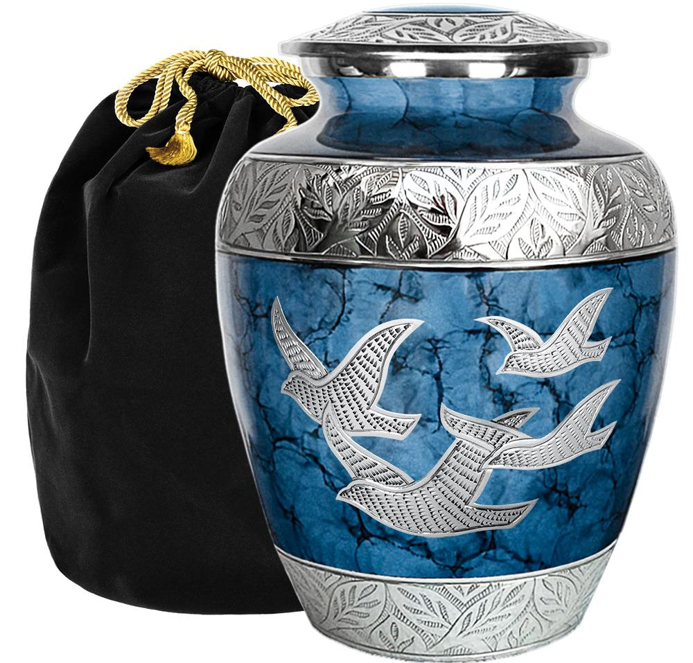 Majestic Extra Large Dark Blue Wings of Love Urn for Human Ashes for Human Up to 300 Pounds - With Velvet Bag