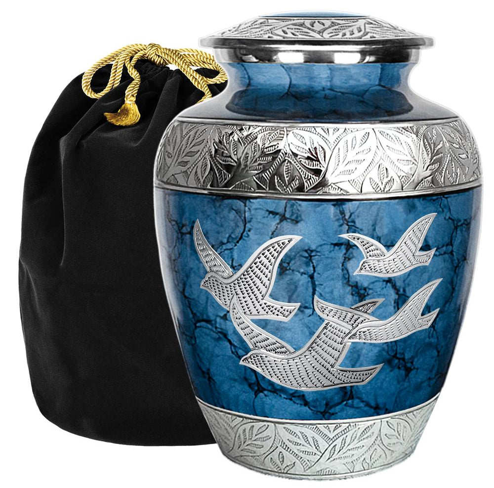 Majestic Extra Large Dark Blue Wings of Love Urn for Human Ashes for Human Up to 300 Pounds - With Velvet Bag
