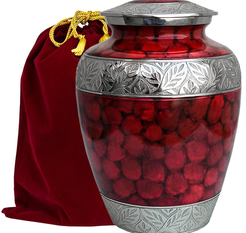 Majestic Extra Large Red and Burgundy Urn for Human Ashes for Human Up to 300 Pounds - With Velvet Bag