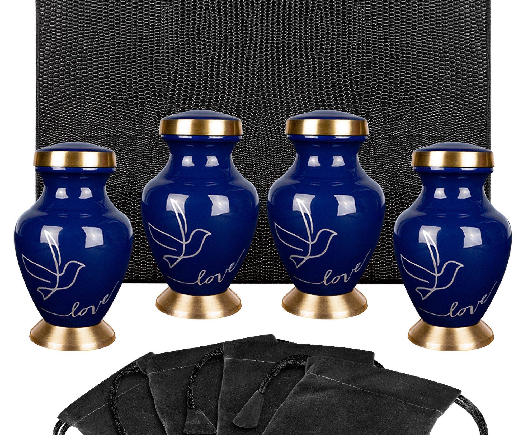 Modern Love Dark Blue Small Keepsake Urns for Human Ashes - Set of 4 - w Case