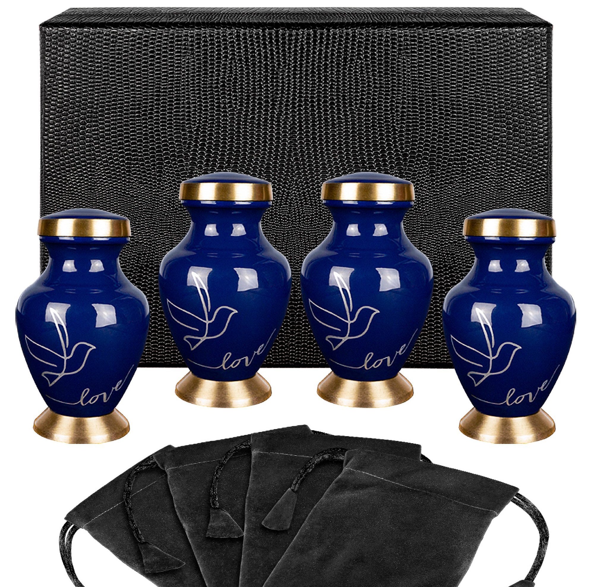 Modern Love Dark Blue Small Keepsake Urns for Human Ashes - Set of 4 - w Case