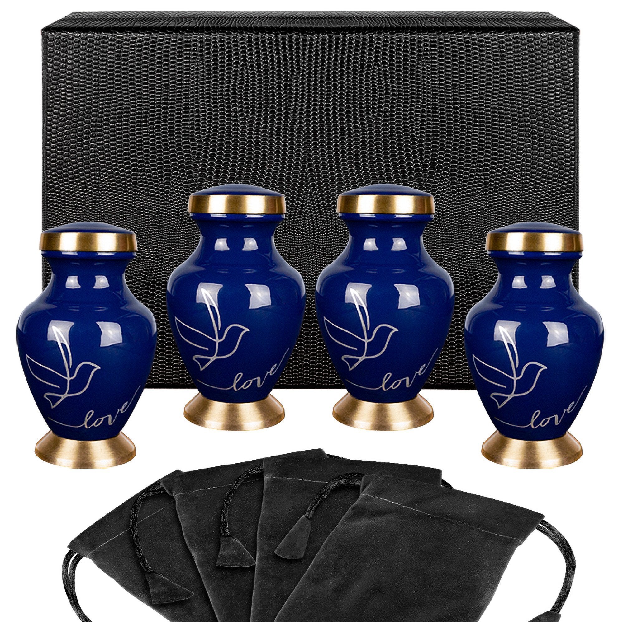 Modern Love Dark Blue Small Keepsake Urns for Human Ashes - Set of 4 - w Case
