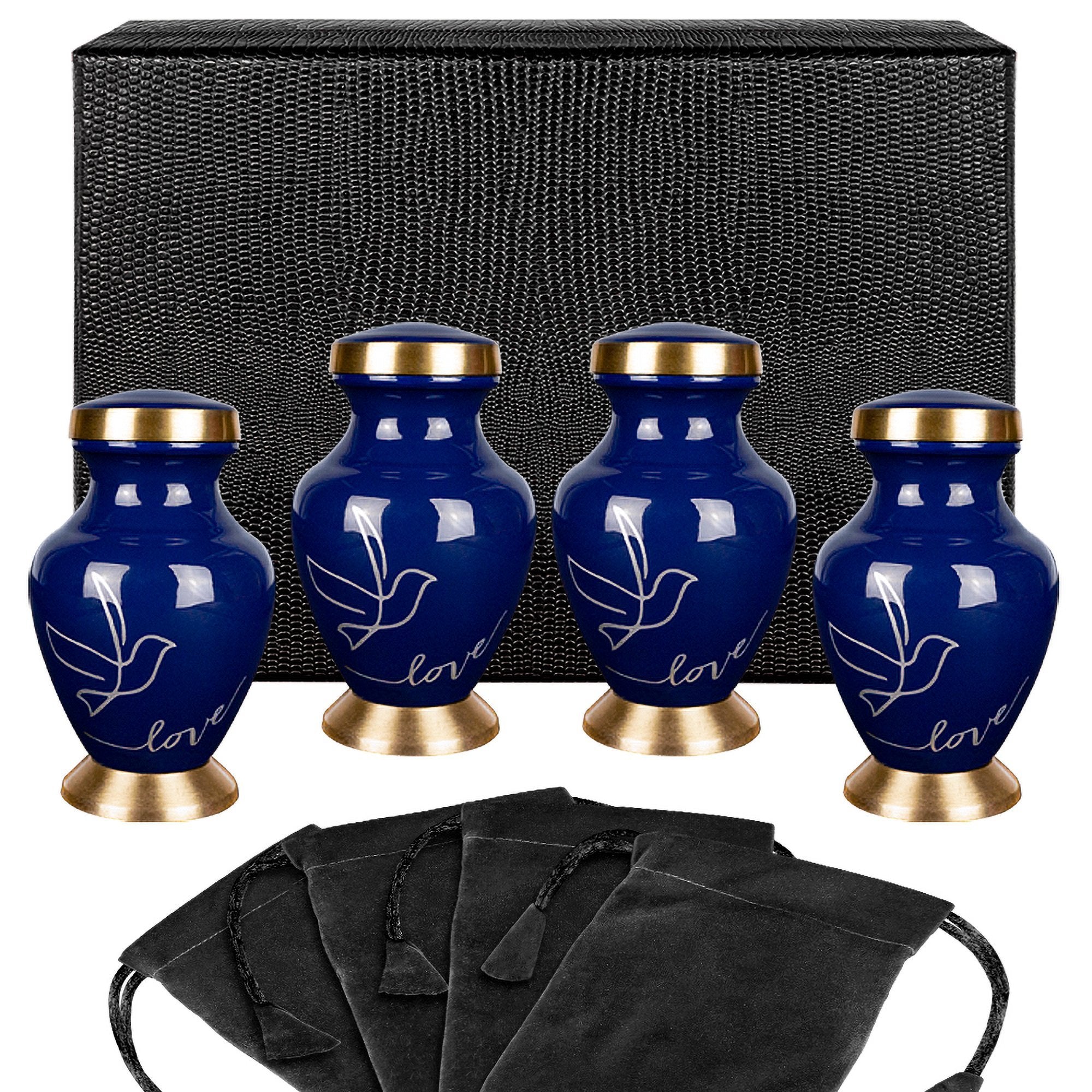 Modern Love Dark Blue Small Keepsake Urns for Human Ashes - Set of 4 - w Case