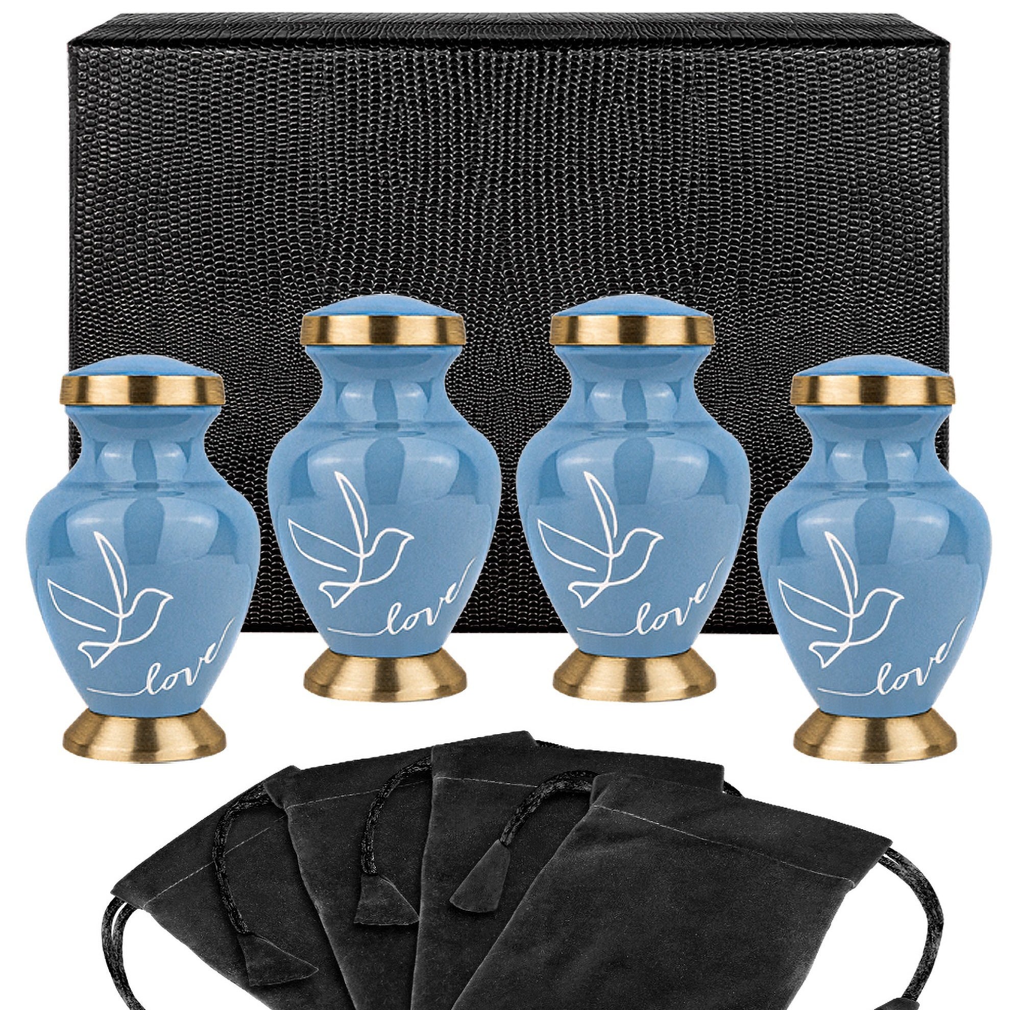 Modern Love Light Blue Small Keepsake Urns for Human Ashes - Set of 4 - w Case