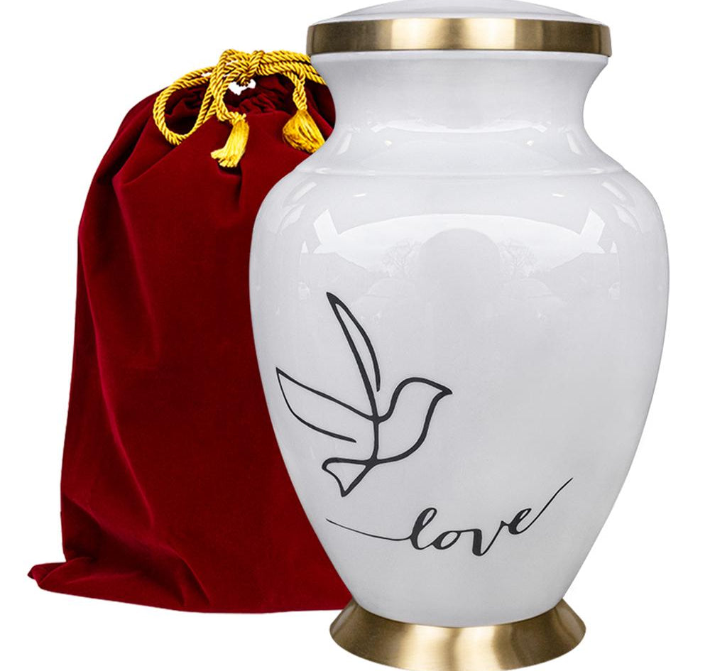 Modern Love White Large Adult Urn for Human Ashes - With Velvet Bag
