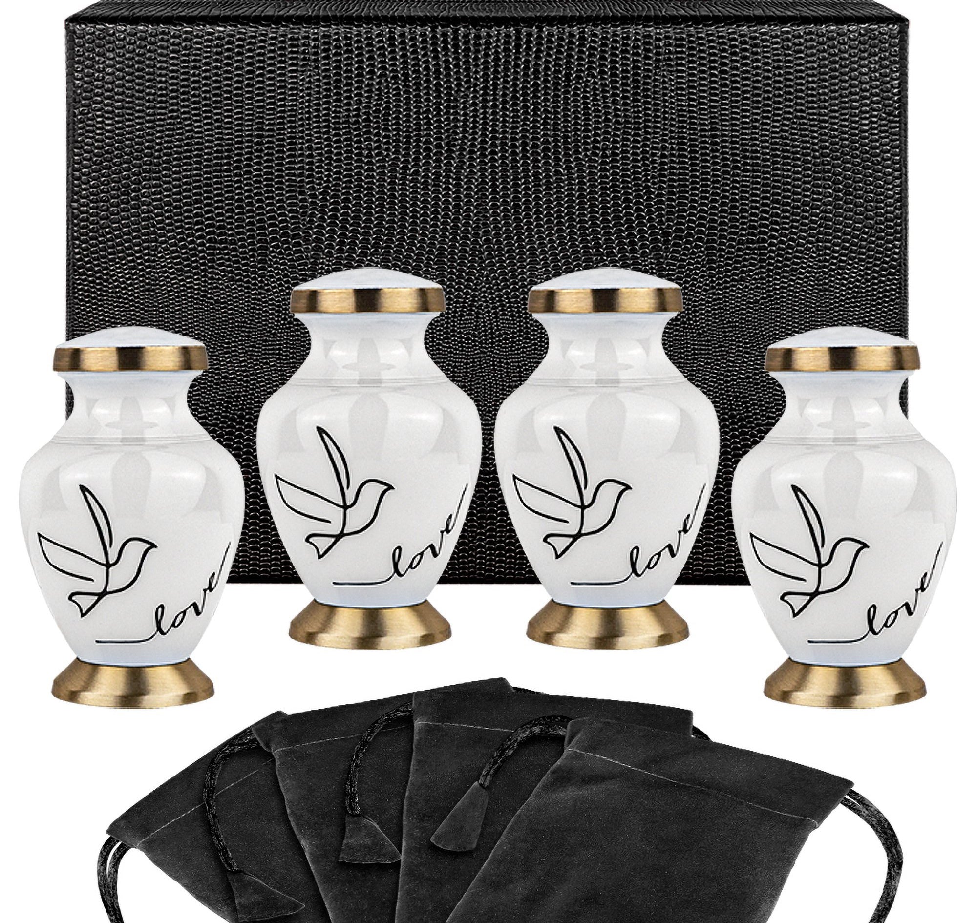 Modern Love White Small Keepsake Urns for Human Ashes - Set of 4 - w Case