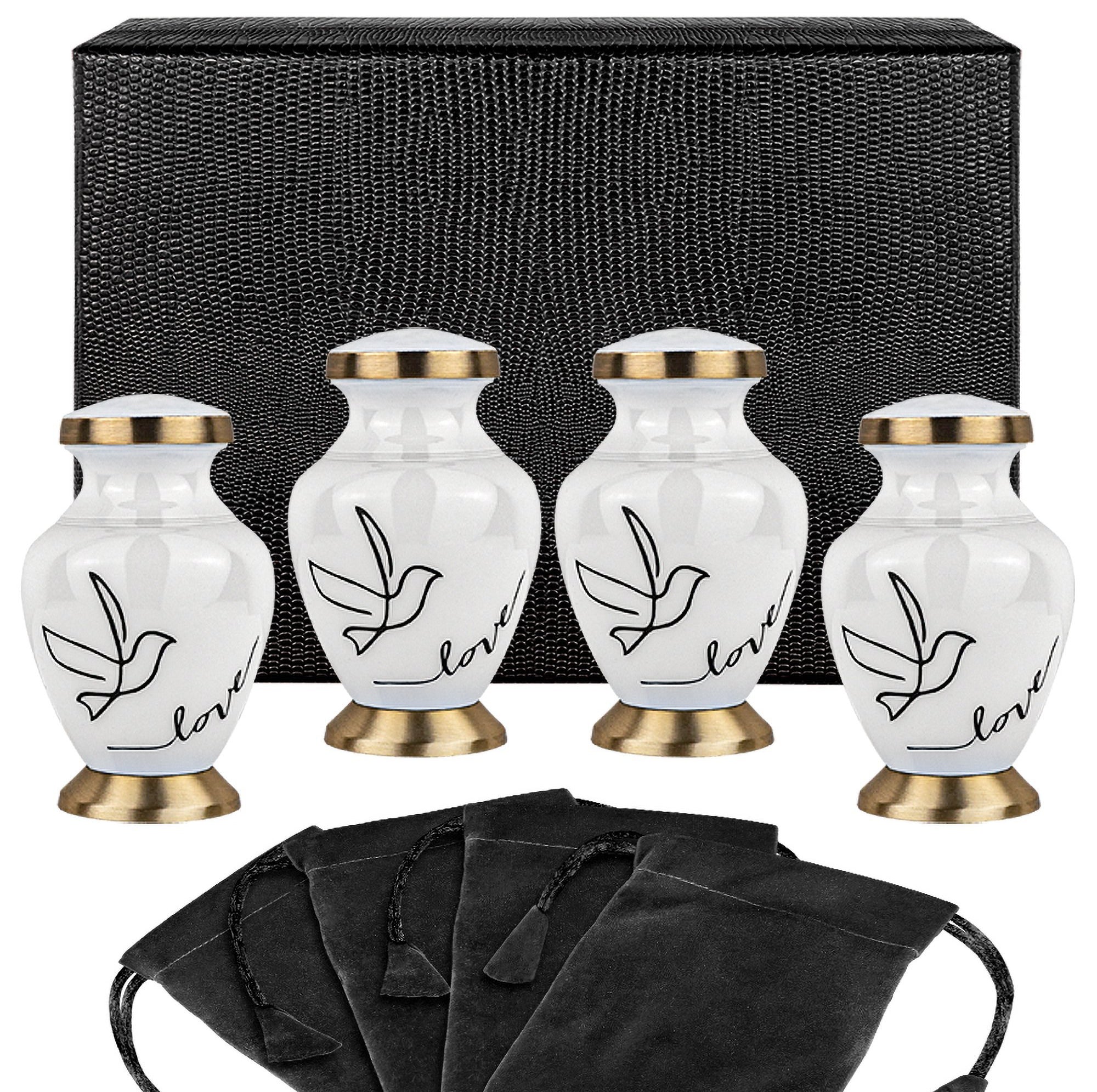 Modern Love White Small Keepsake Urns for Human Ashes - Set of 4 - w Case