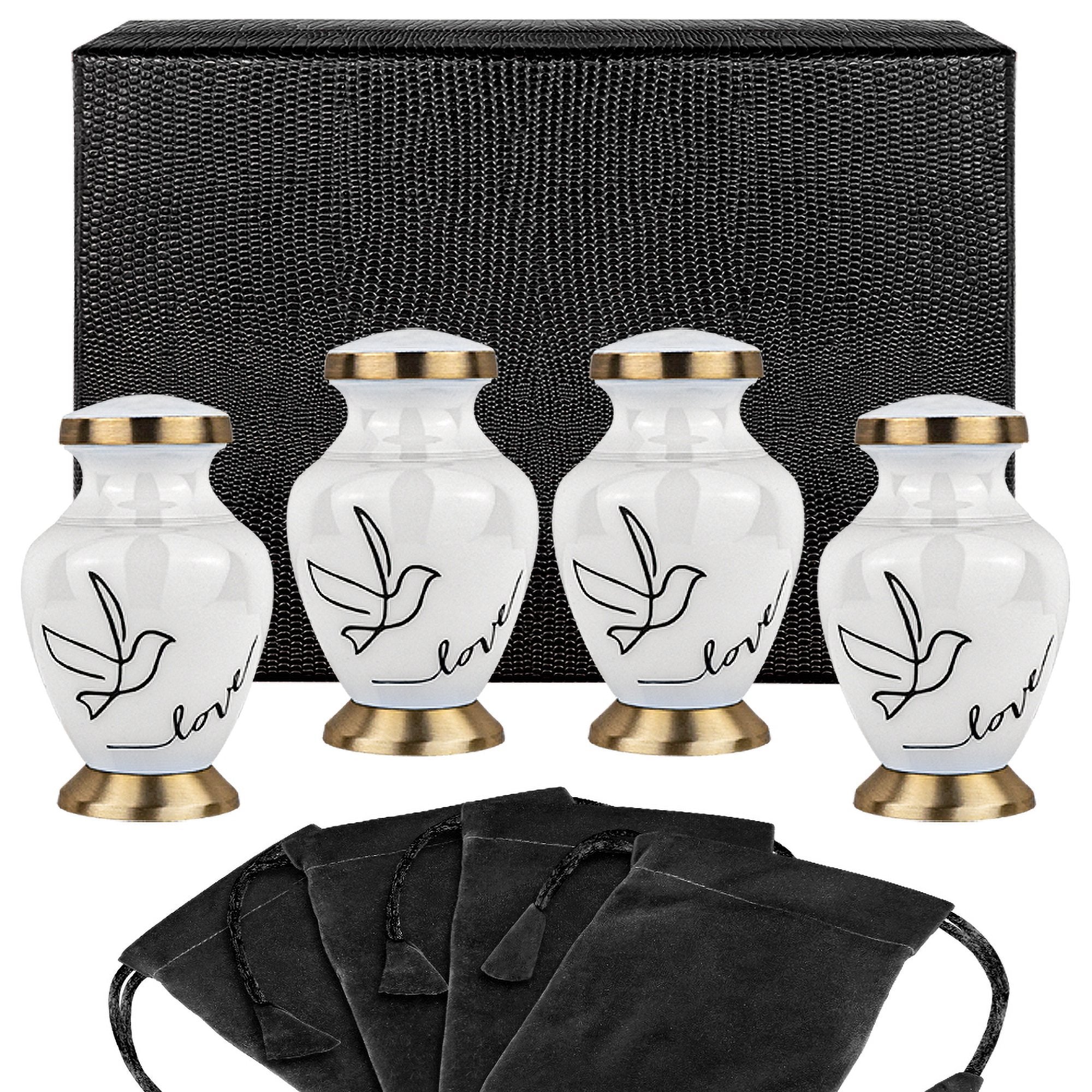 Modern Love White Small Keepsake Urns for Human Ashes - Set of 4 - w Case