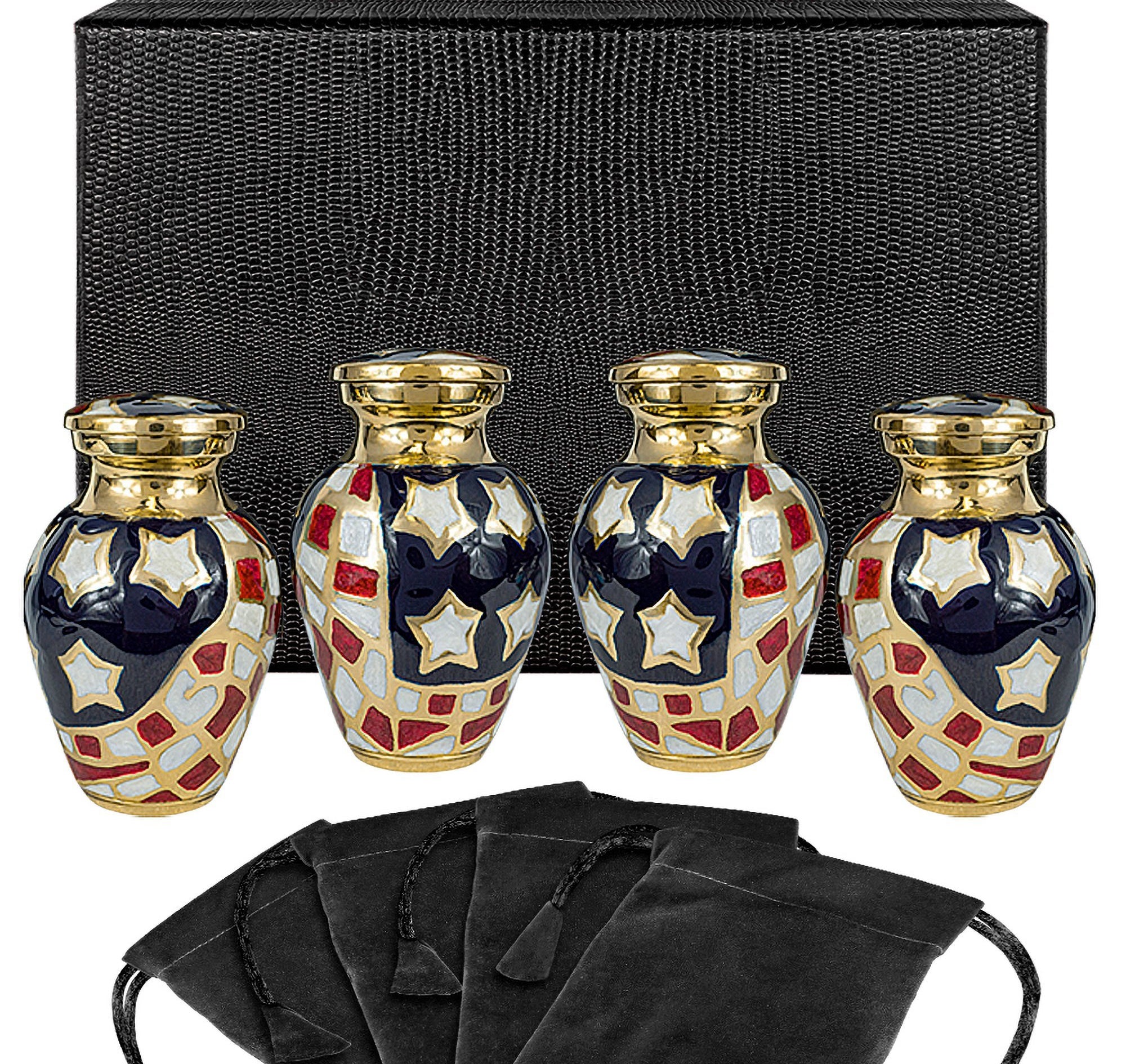 Patriotic Small Keepsake Urns for Human Ashes - Set of 4 - for Veterans - w Case