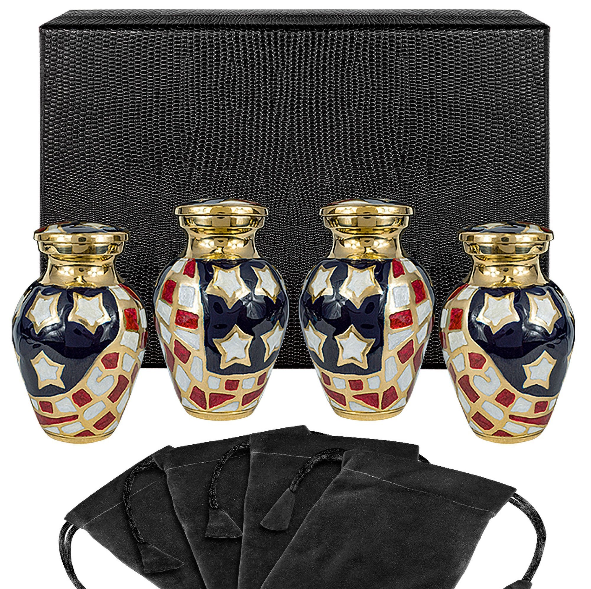 Patriotic Small Keepsake Urns for Human Ashes - Set of 4 - for Veterans - w Case