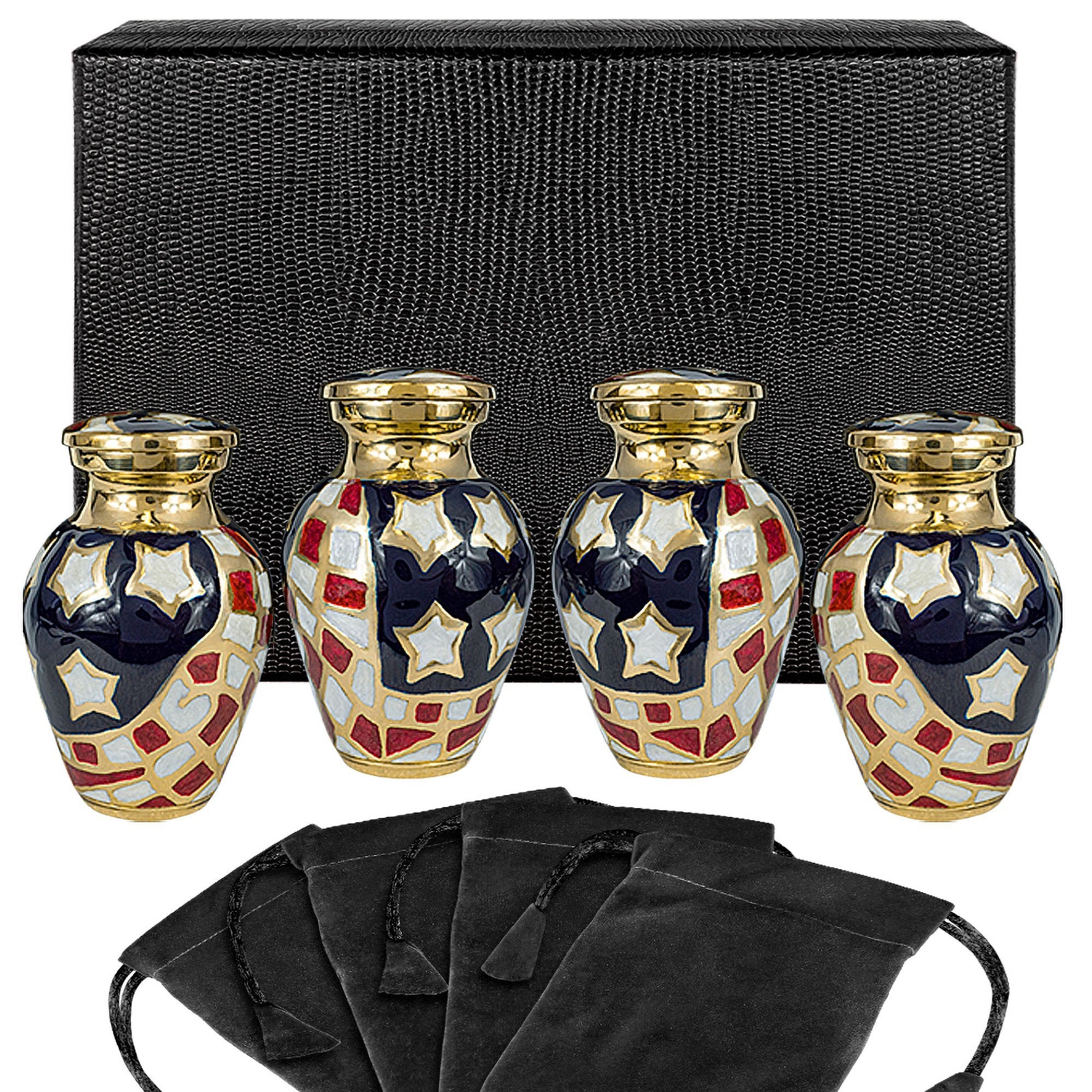 Patriotic Small Keepsake Urns for Human Ashes - Set of 4 - for Veterans - w Case