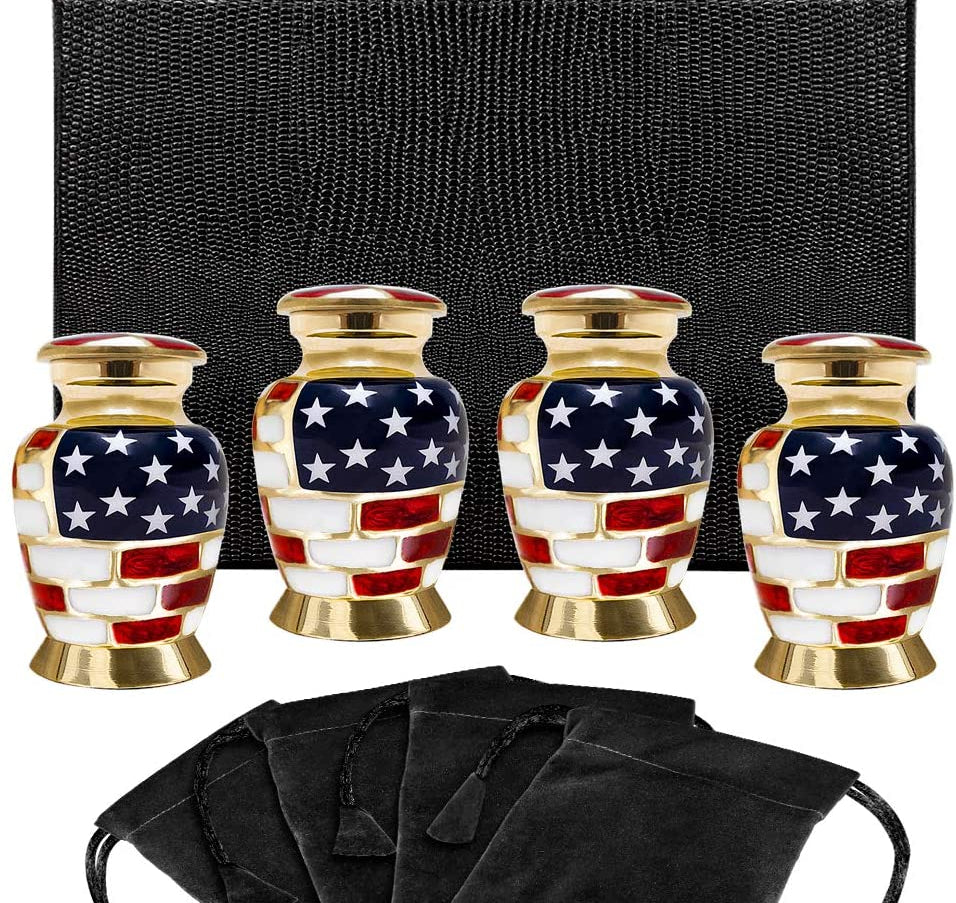 Patriotic Small Keepsake Urns for Human Ashes - Set of 4 - w Case