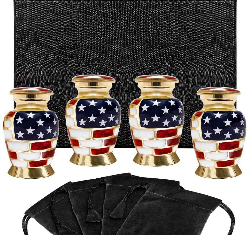 Patriotic Small Keepsake Urns for Human Ashes - Set of 4 - w Case