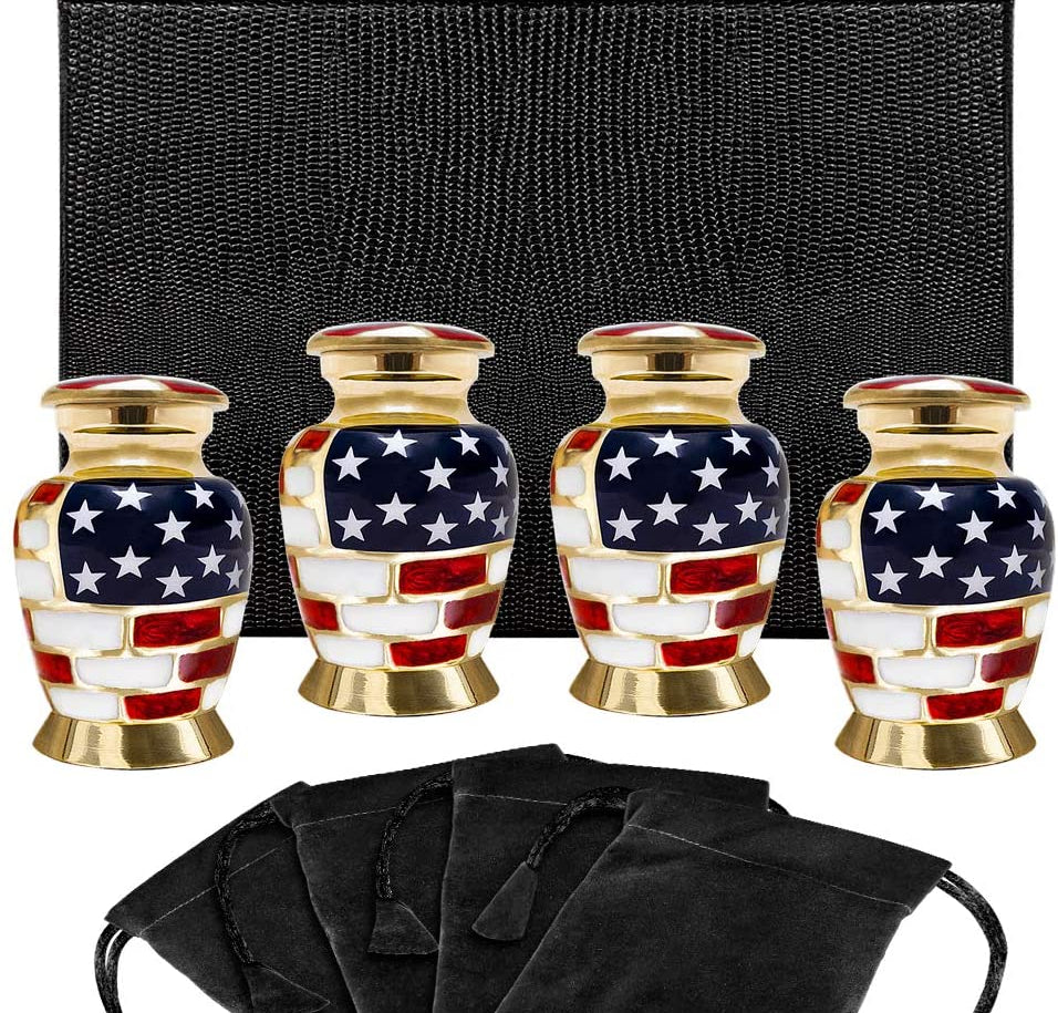 Patriotic Small Keepsake Urns for Human Ashes - Set of 4 - w Case