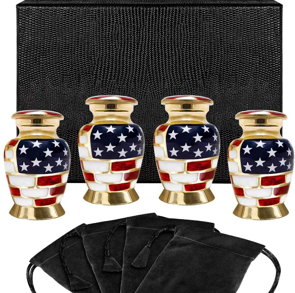 Patriotic Small Keepsake Urns for Human Ashes - Set of 4 - w Case