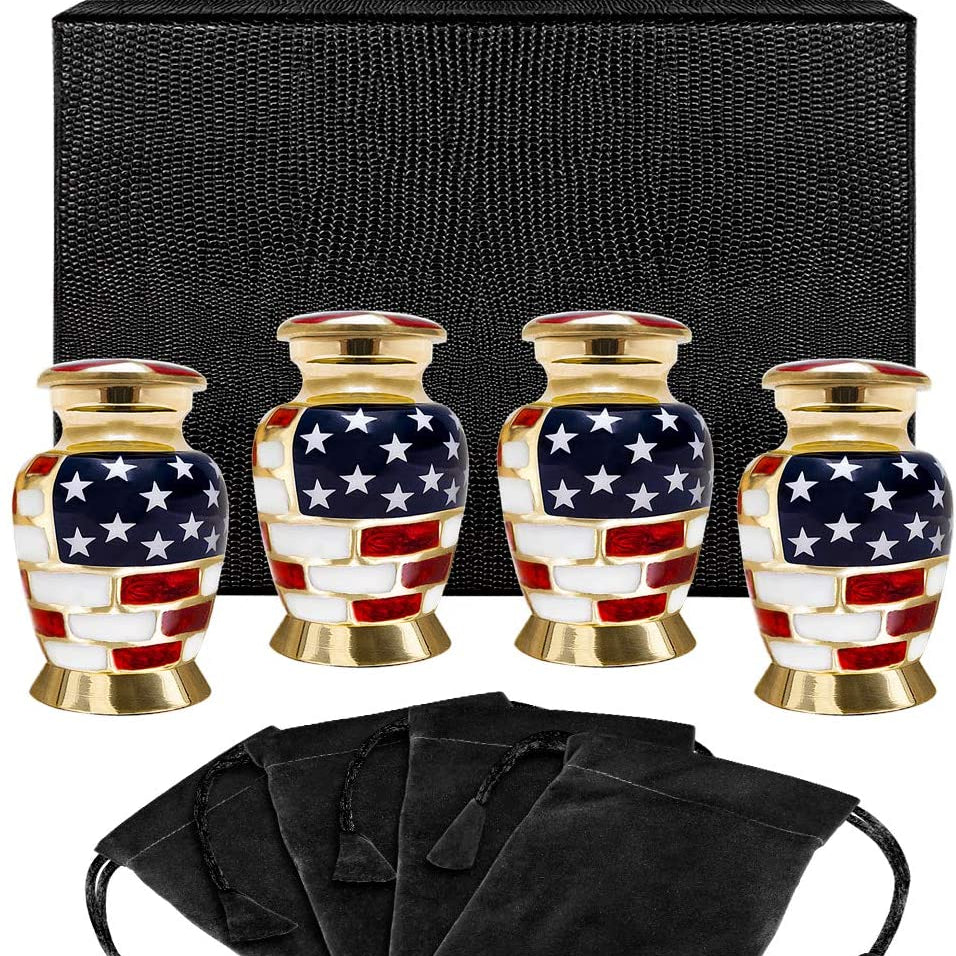 Patriotic Small Keepsake Urns for Human Ashes - Set of 4 - w Case