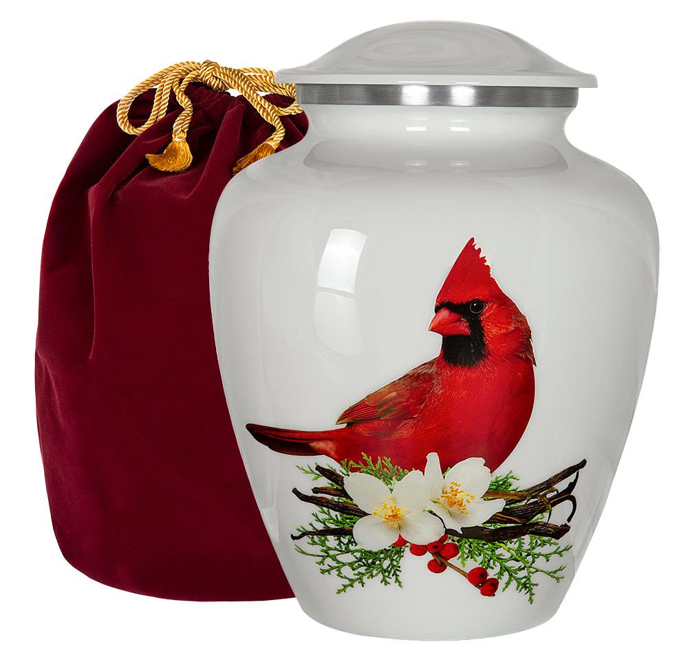 Peace and Harmony Beautiful Red Cardinal Adult Large Urn for Human Ashes - w Velvet Bag