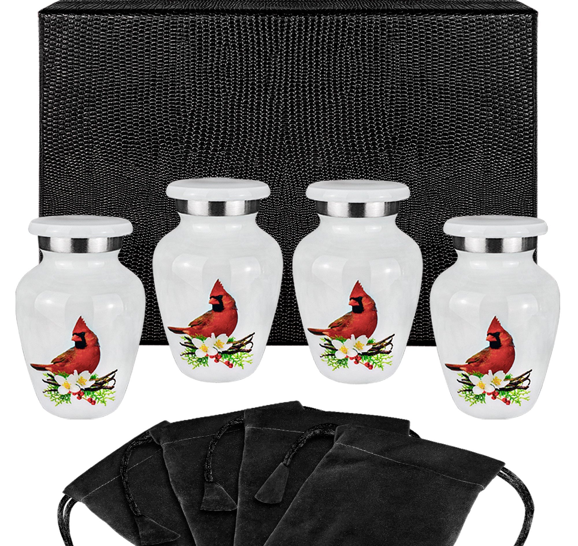Peace and Harmony Beautiful Red Cardinal Small Keepsake Urn for Human Ashes - Set of 4 - w Case