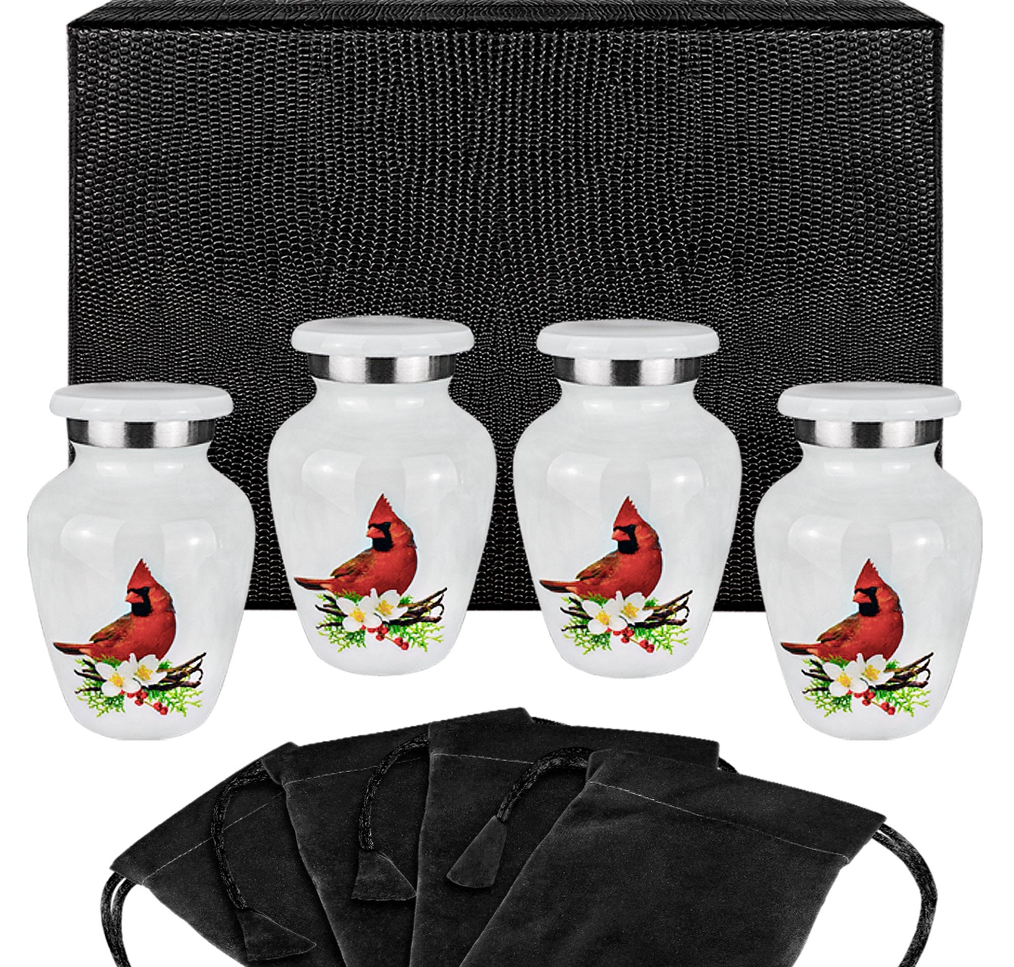 Peace and Harmony Beautiful Red Cardinal Small Keepsake Urn for Human Ashes - Set of 4 - w Case