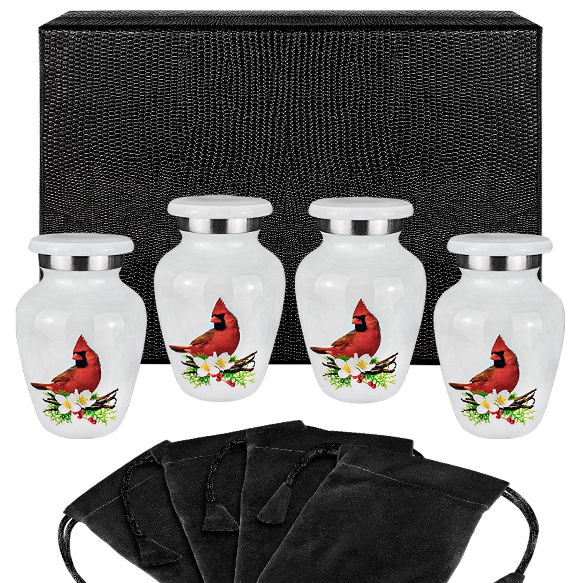 Peace and Harmony Beautiful Red Cardinal Small Keepsake Urn for Human Ashes - Set of 4 - w Case