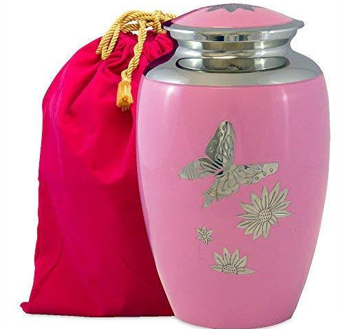 Pink Butterfly Lovely Adult Cremation Urn for Human Ashes - w Velvet Bag