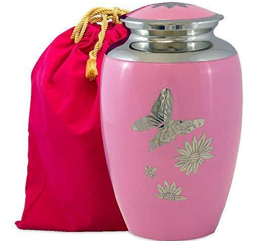 Pink Butterfly Lovely Adult Cremation Urn for Human Ashes - w Velvet Bag