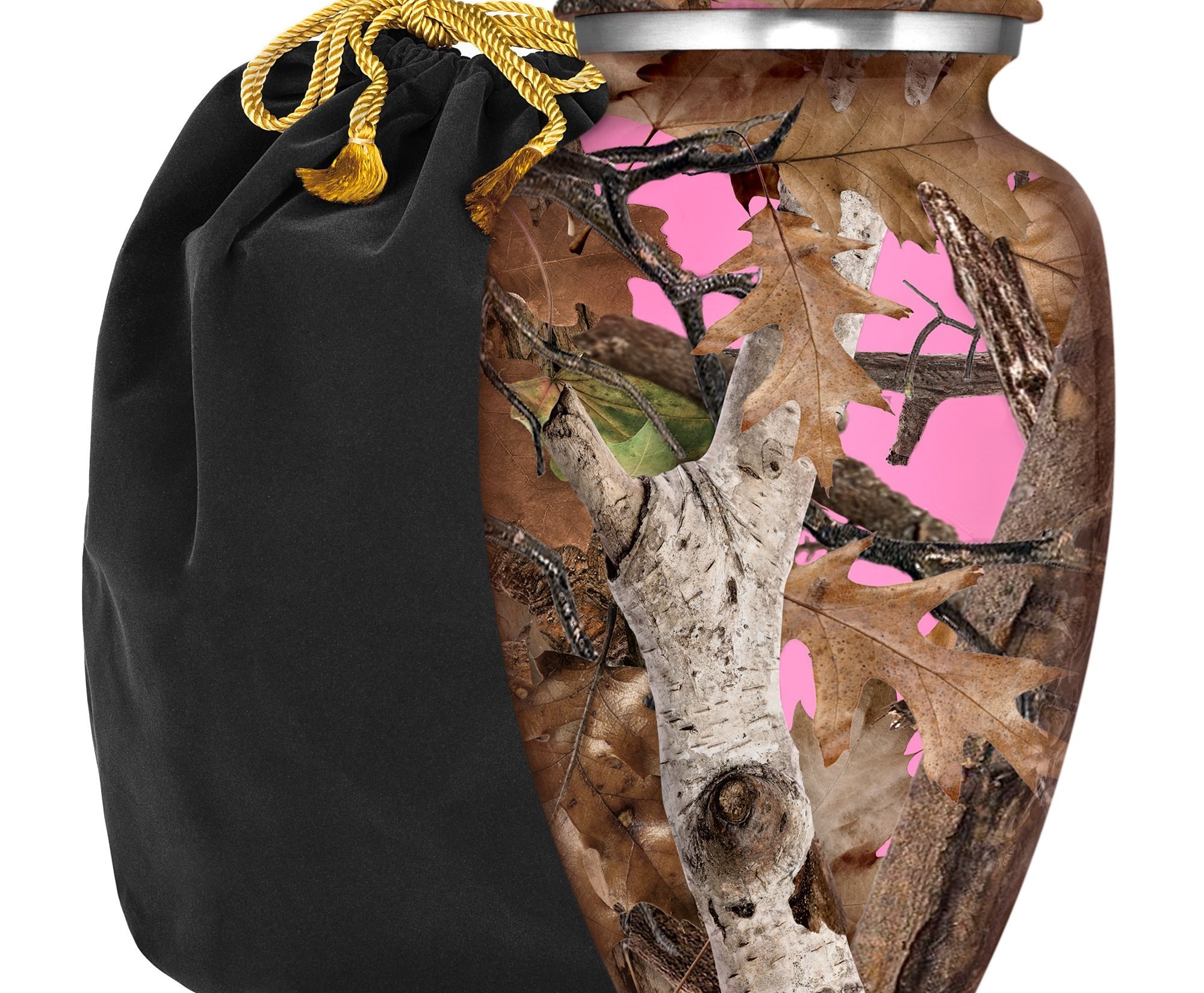 Pink Camouflage Adult Cremation Urn for Human Ashes - with Velvet Bag